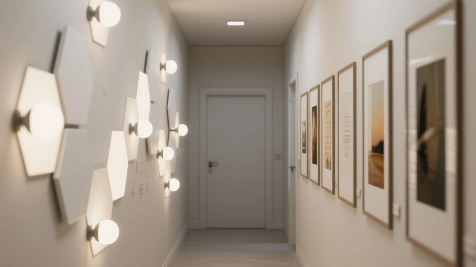 Asymmetric cascade of hexagon wall lights punctuates framed art in a narrow corridor.