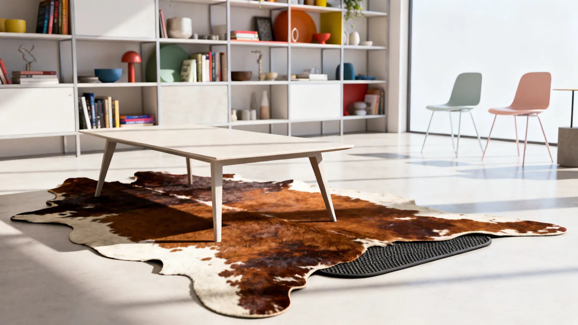 Asymmetric cowhide placement under an off-center coffee table creating a relaxed modern look.