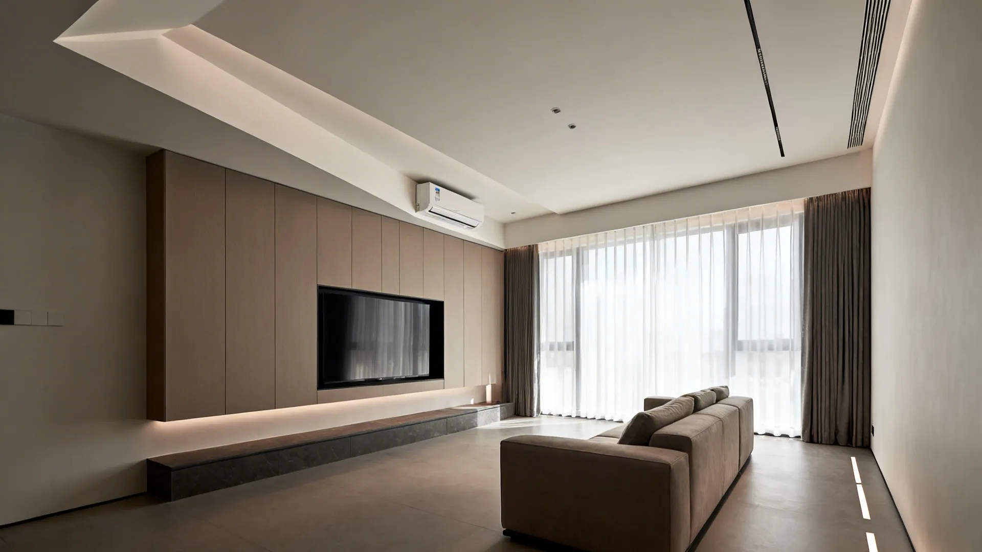 Asymmetric ceiling feature aligned to a media wall with cassette AC positioned near the seating zone.