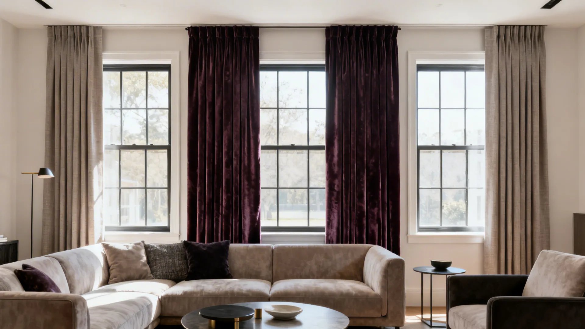Center window with rich velvet drapery flanked by slim neutral panels.