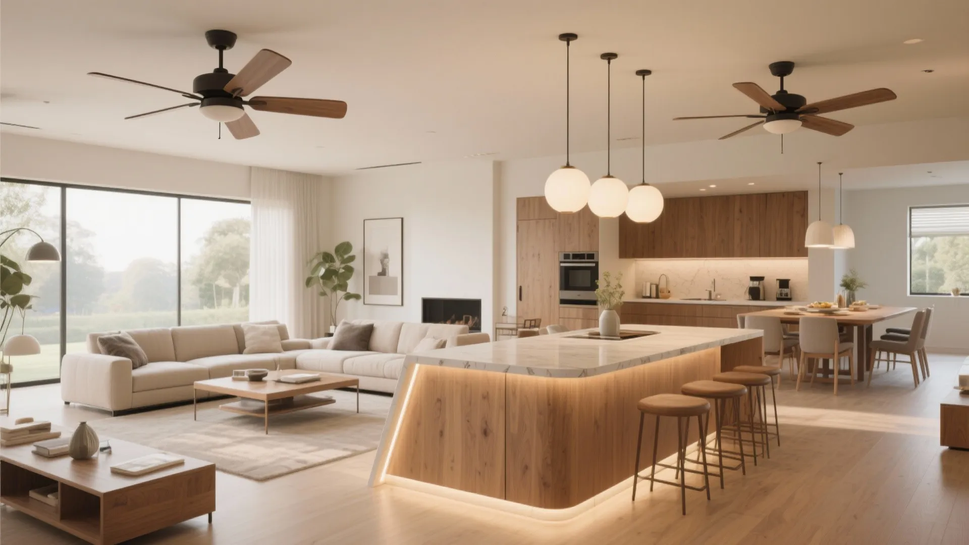 Modern open plan living room with marble kitchen island wooden stools sofa and ceiling fans