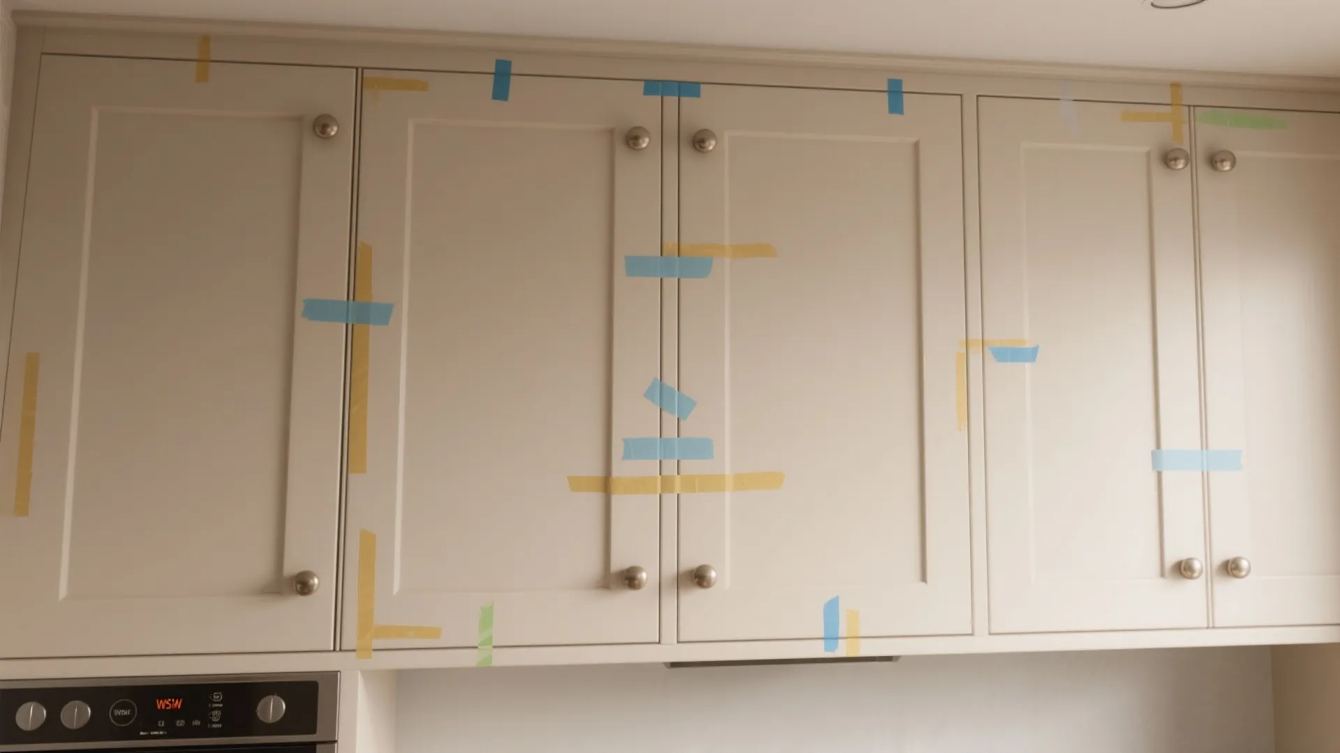 Composite showing subtle asymmetric knob placements with on-site mockup tape visible.