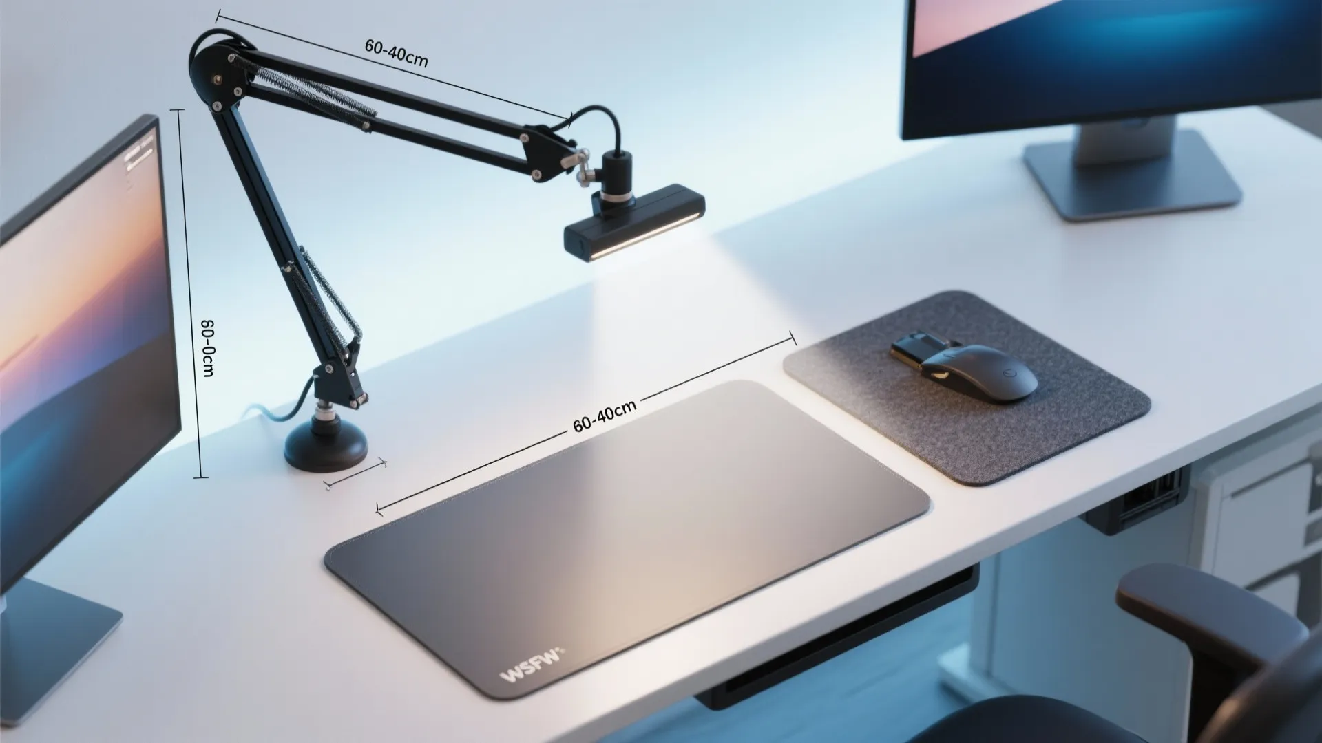 Top-down view of a clamp-mounted lamp with asymmetric beam lighting a compact dual-monitor desk.