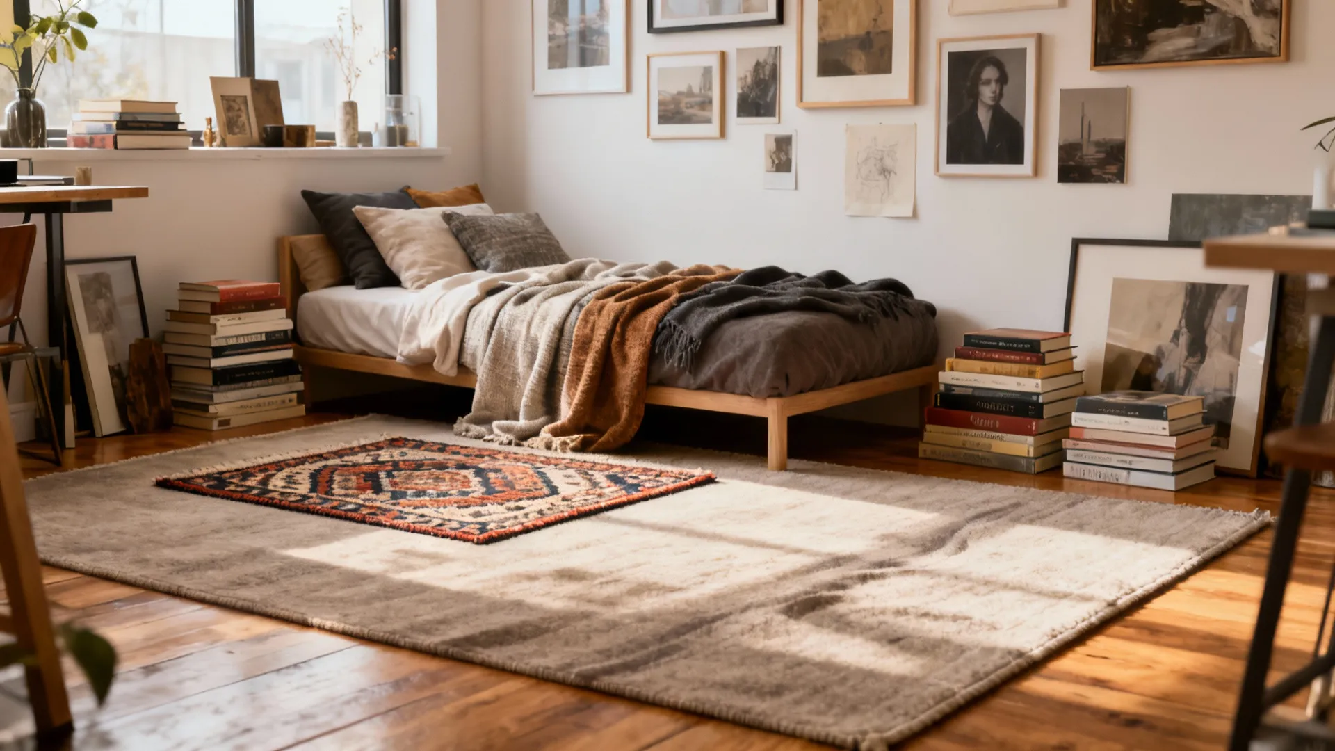 Bedroom with wooden bed and wall of pictures and layered rugs on natural wood floor