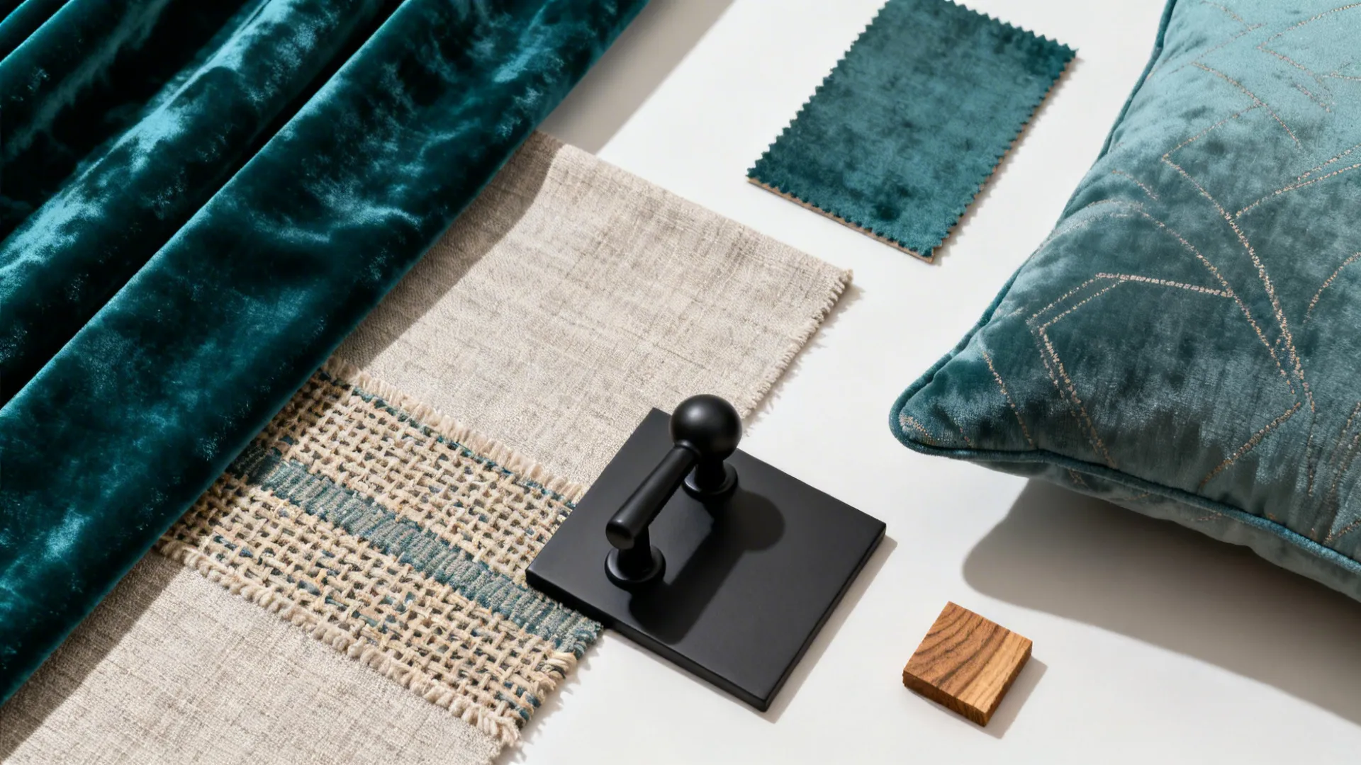 Flat lay of deep velvet and neutral linen with hardware and wood accents.