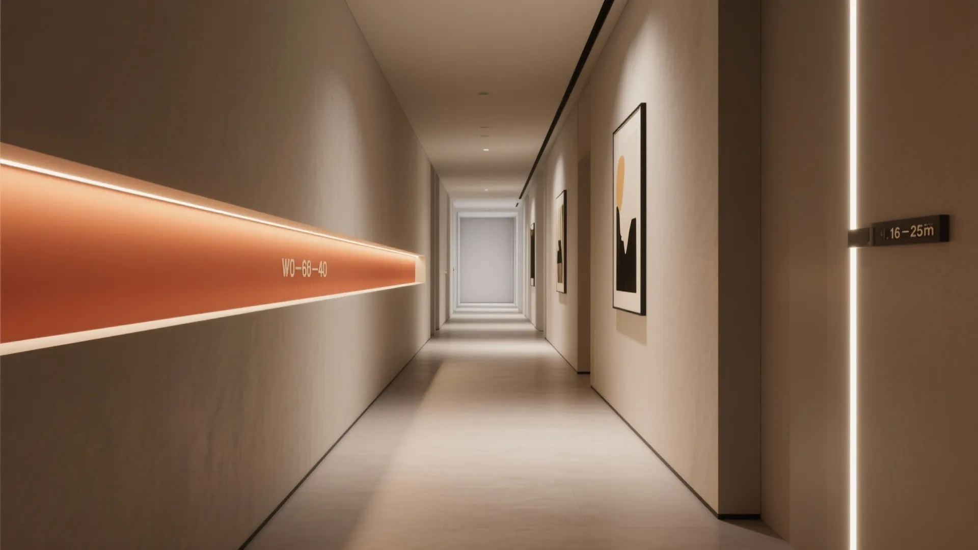 Modern hallway featuring orange horizontal wall light strip and vertical light fixture with wall art