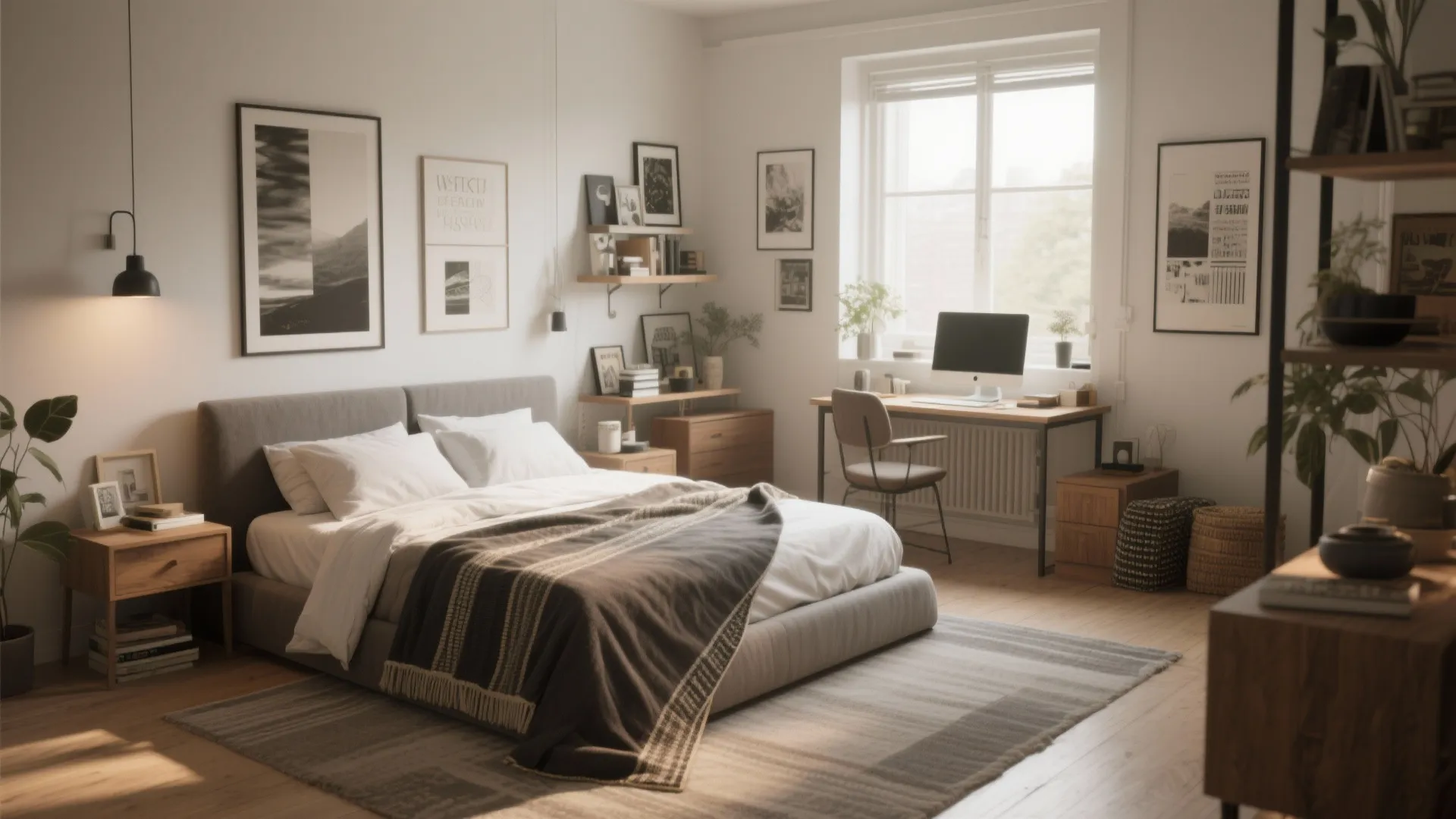 Modern bedroom with grey bed wooden desk wall art big window striped rug and plant
