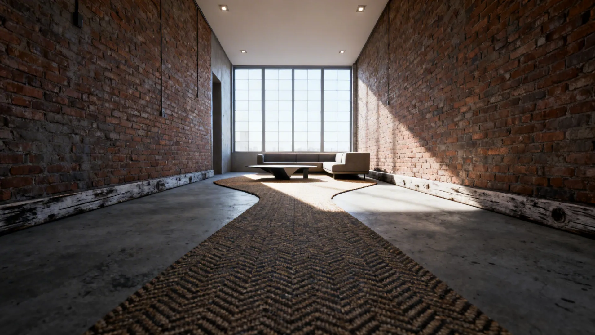 Long brown textured floor rug leading toward a sofa in a room with brick walls