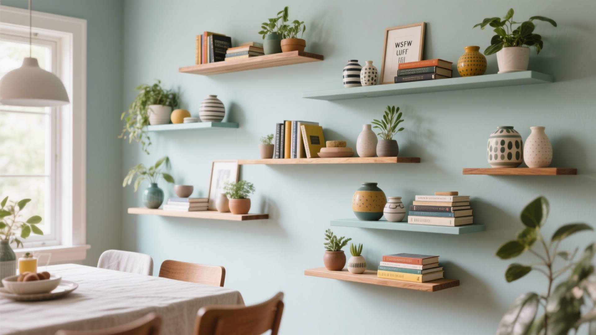 Beautiful view of Trendy Floating Wooden Shelves For Modern Penthouse Dining