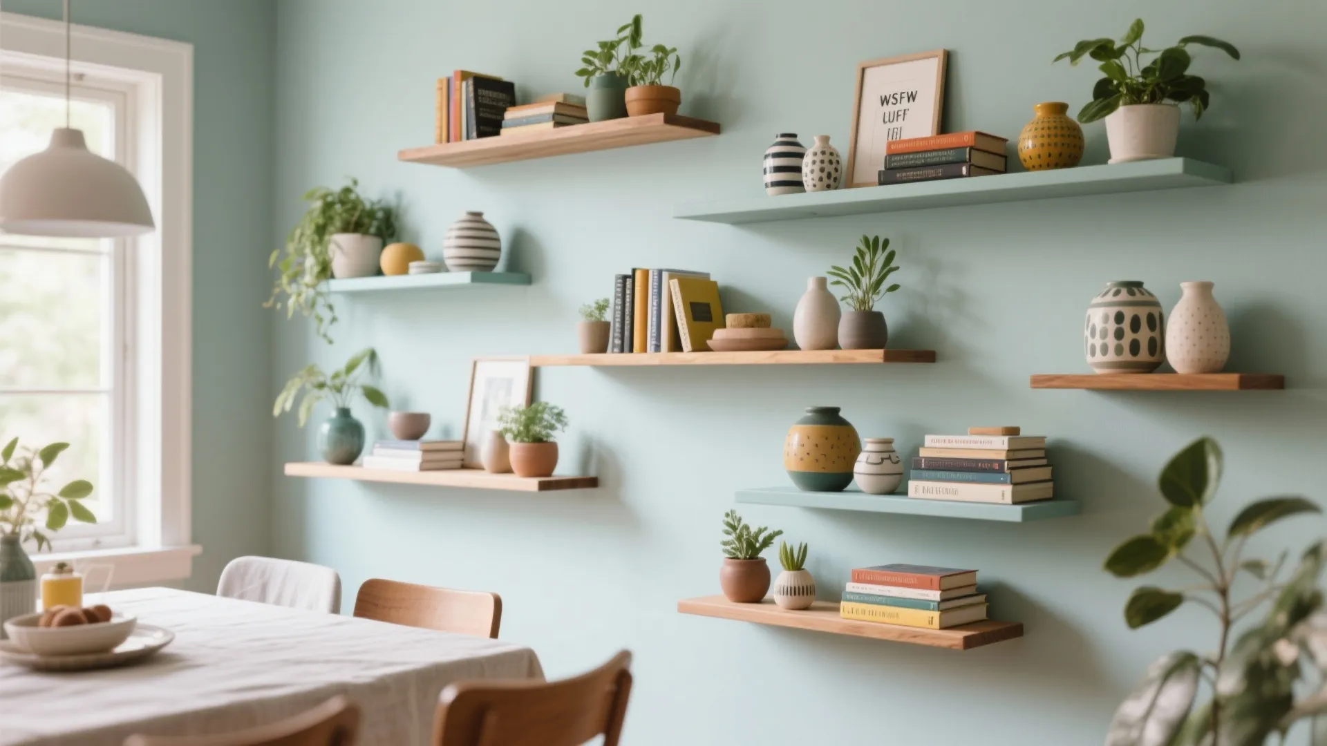 Light blue wall with wooden shelves holding books plants and pottery near a dining table