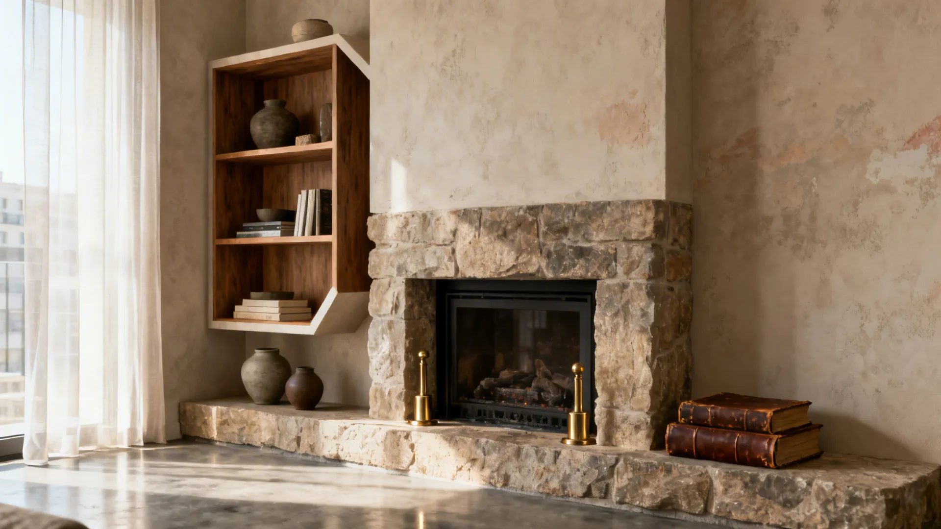 Corner fireplace balanced by asymmetric shelving with curated decor and negative space.