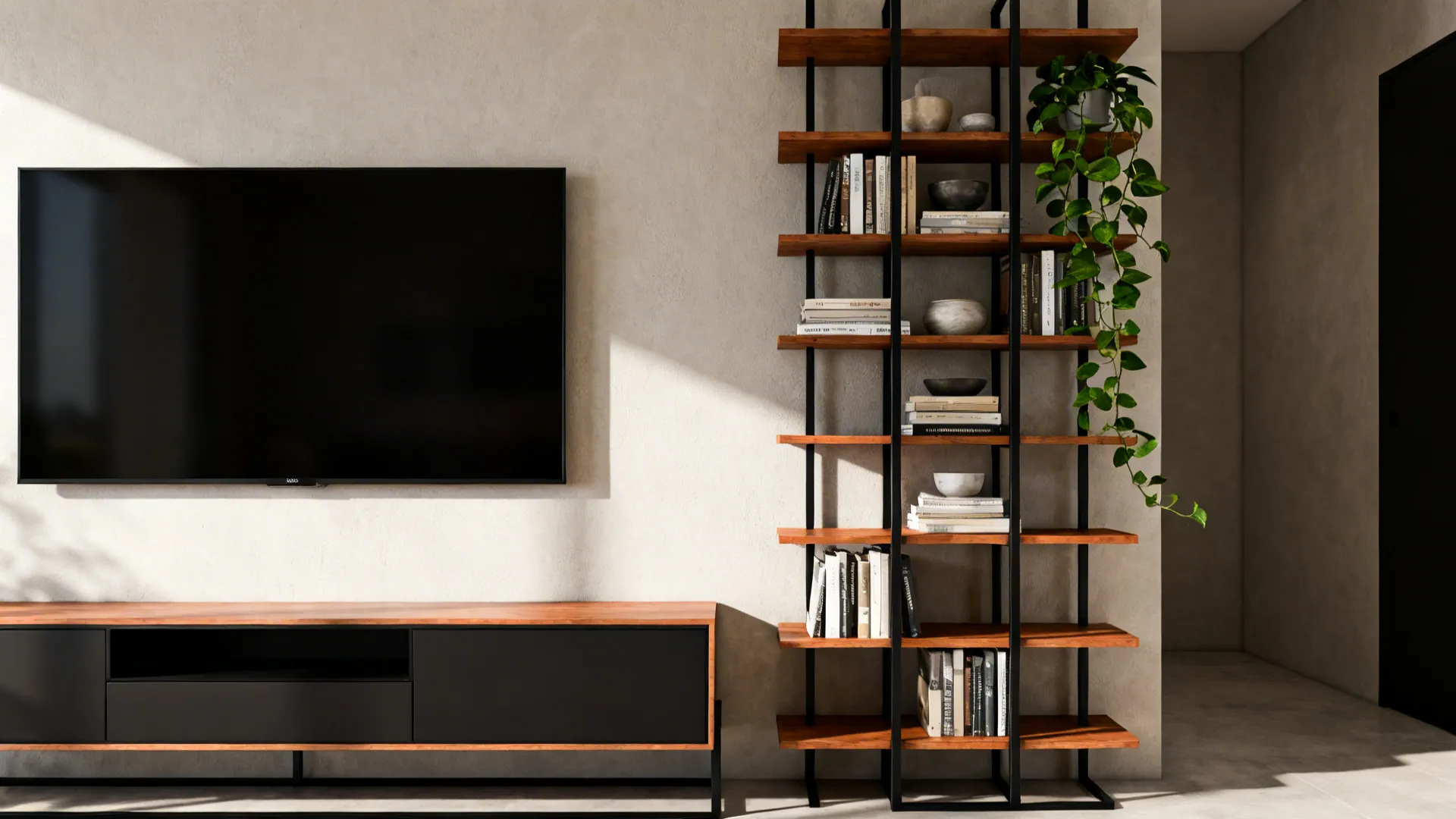 Asymmetrical TV wall with the screen offset left and a taller shelf stack on the right with books and ceramics.