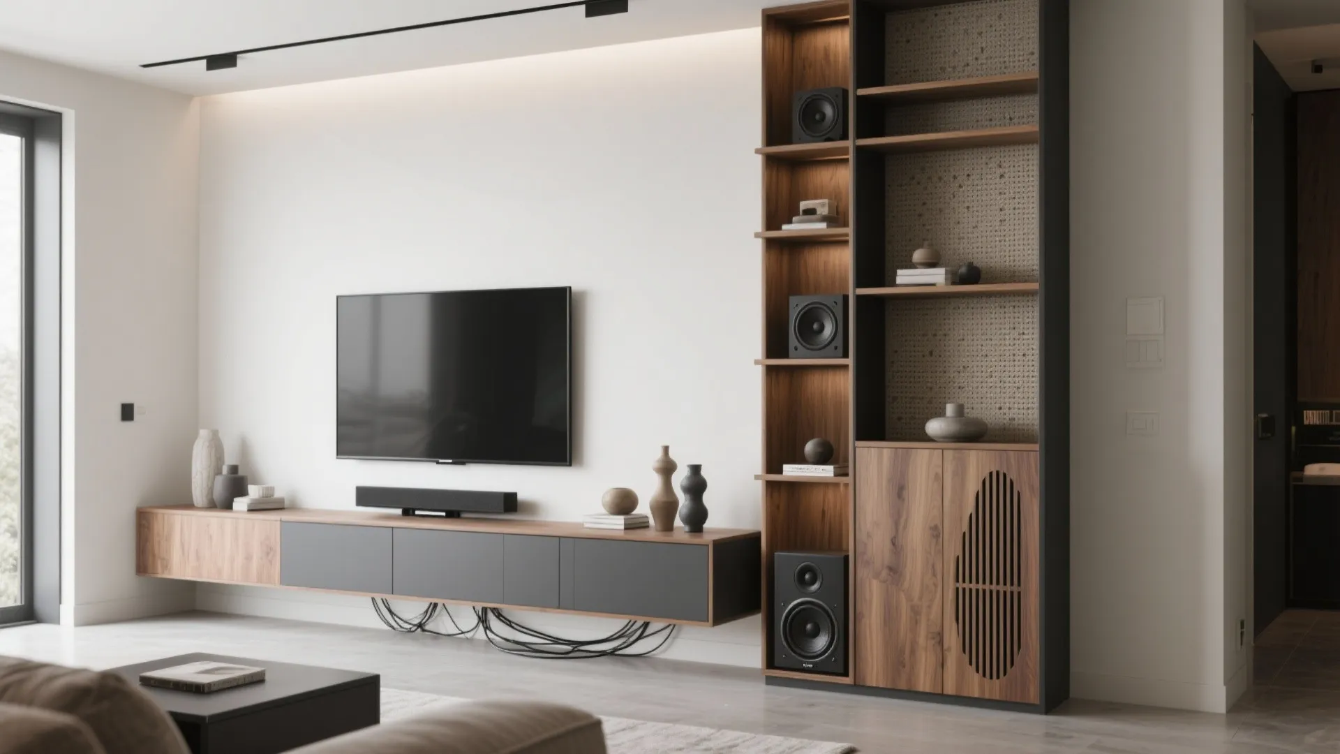 Asymmetric shelving with concealed speakers