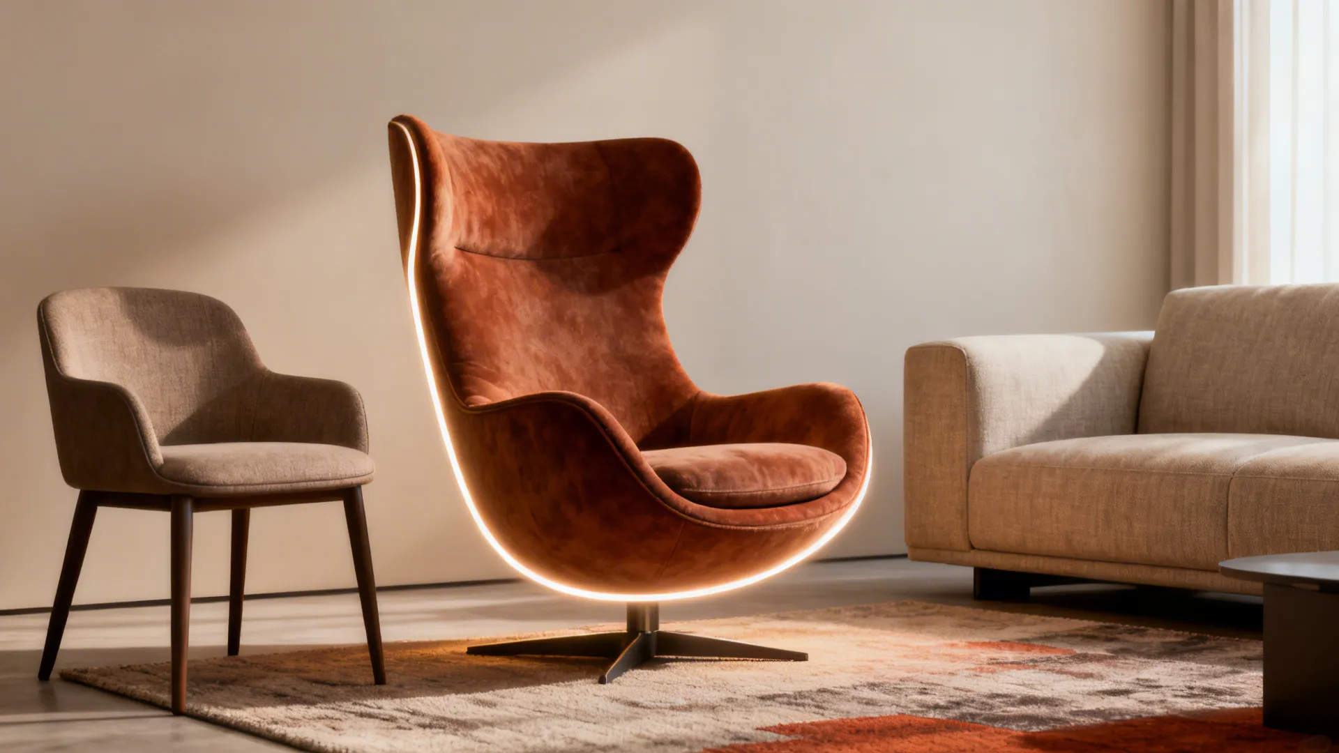 Asymmetric small living room with a modest sofa and a bold statement lounge chair as focal point.