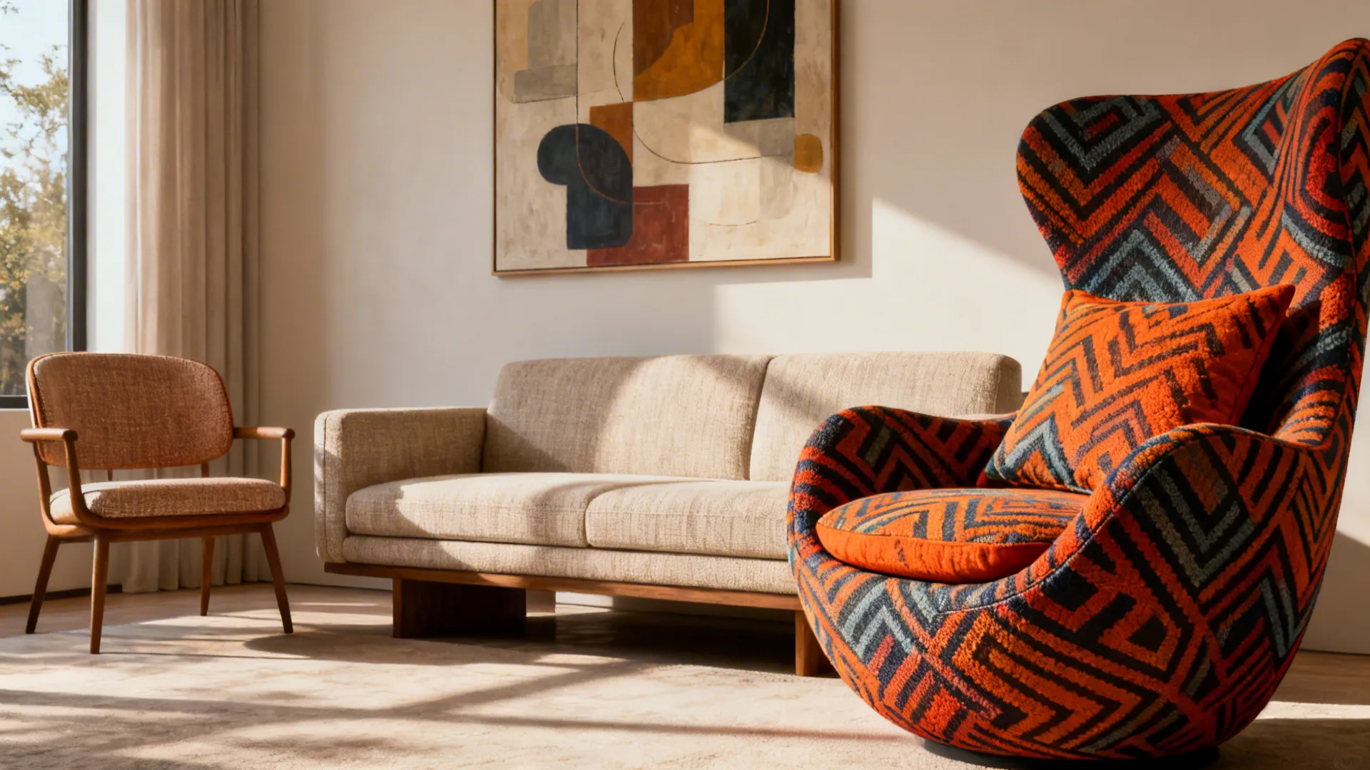 Couch with one matching chair and one bold patterned statement chair tied together by cushion and art accents.