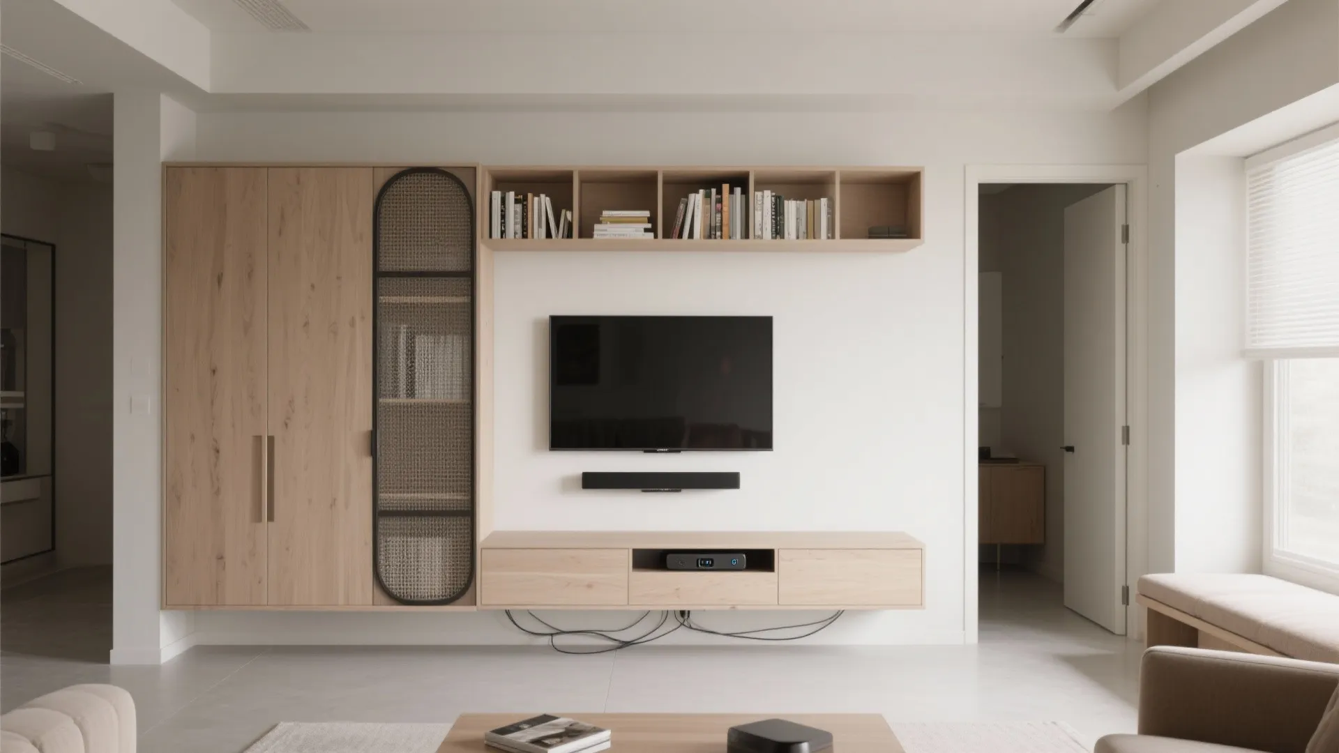 Minimalist living room featuring light wood cabinets, wall mounted television, open bookshelves, and white walls