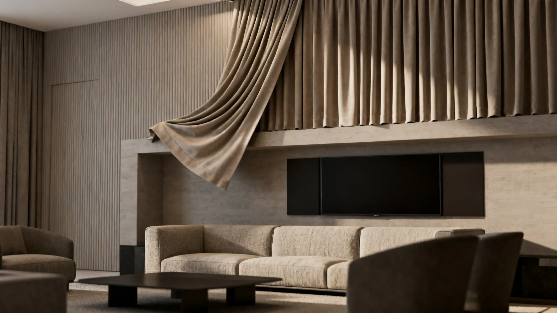 Asymmetric swag curtain cascading longer on one side above a sofa