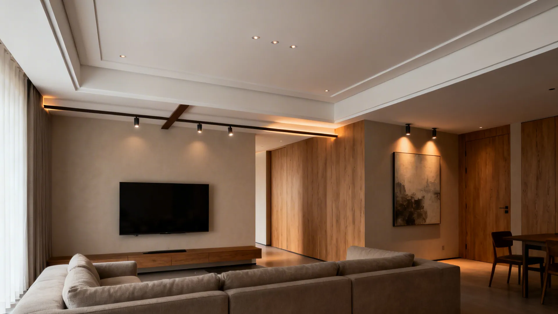 Modern living room with brown sofa, television, wooden cabinet, wall panel, and warm ceiling light