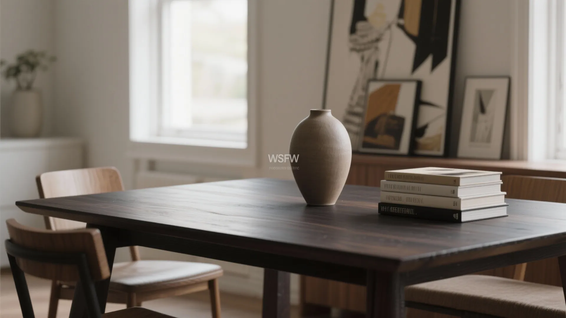 Minimalist ceramic vase and stack of books on dark wooden dining table in bright room