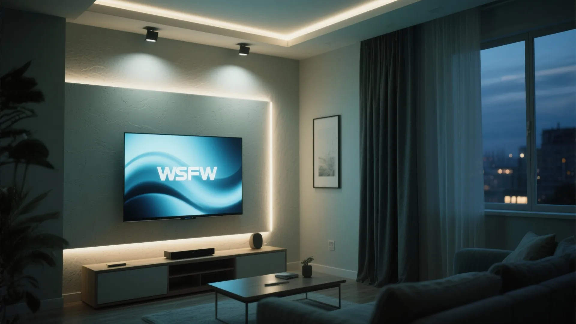 Asymmetric wall washers create a soft gradient on the TV wall without screen glare.