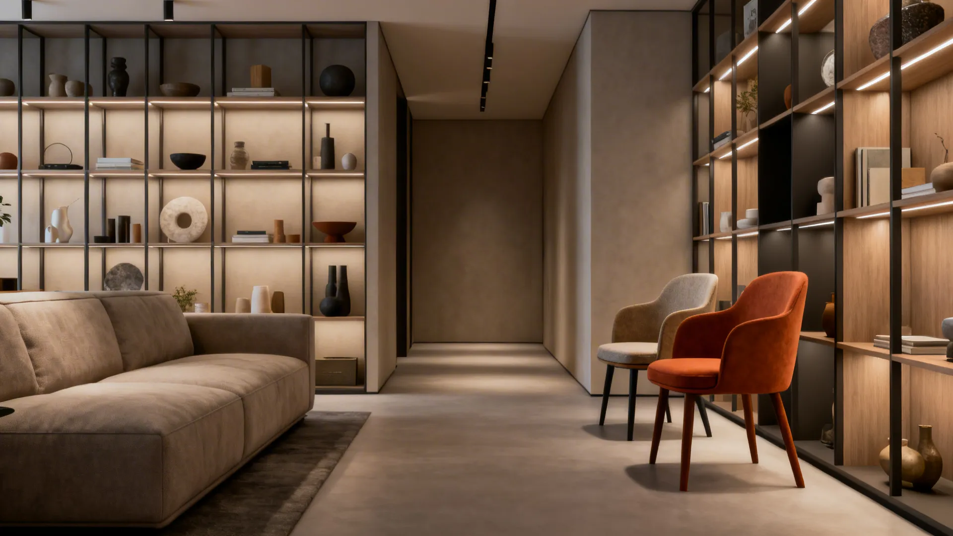 Modern living room with beige sofa two chairs and large bookshelves with warm light strips