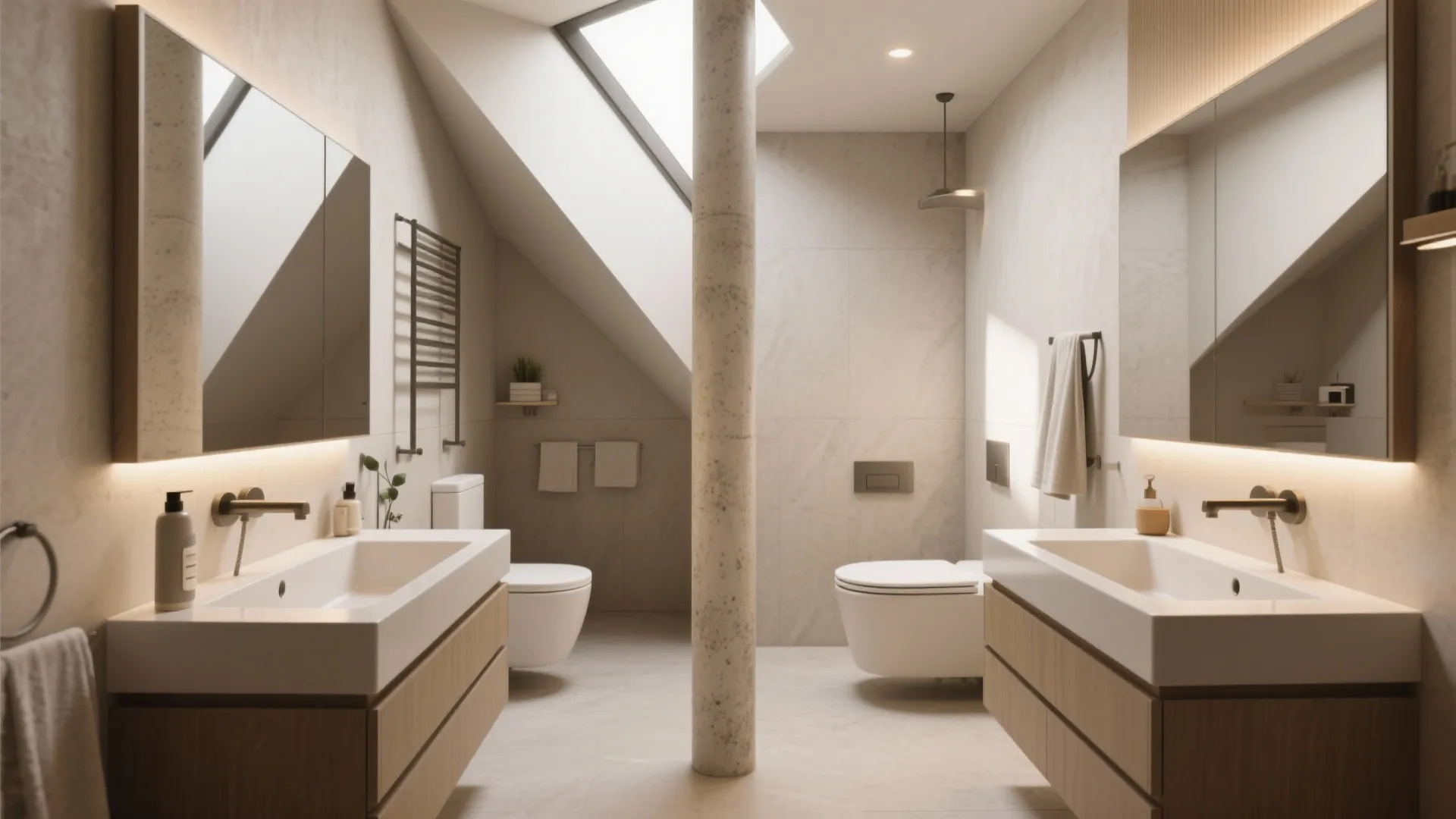 Bathroom with slanted ceiling and roof window featuring two wooden vanities and a central pillar