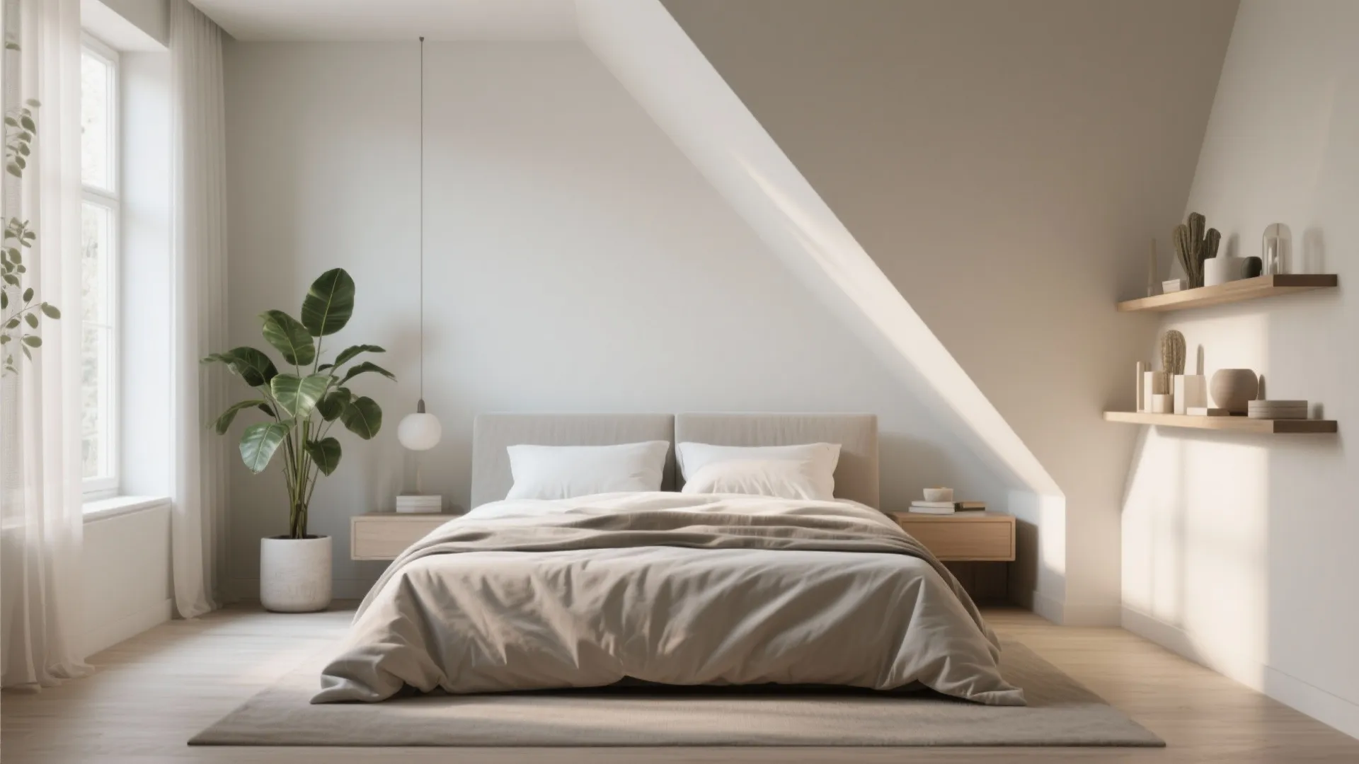 Bedroom with asymmetrical design featuring plant on one side and shelf on the other