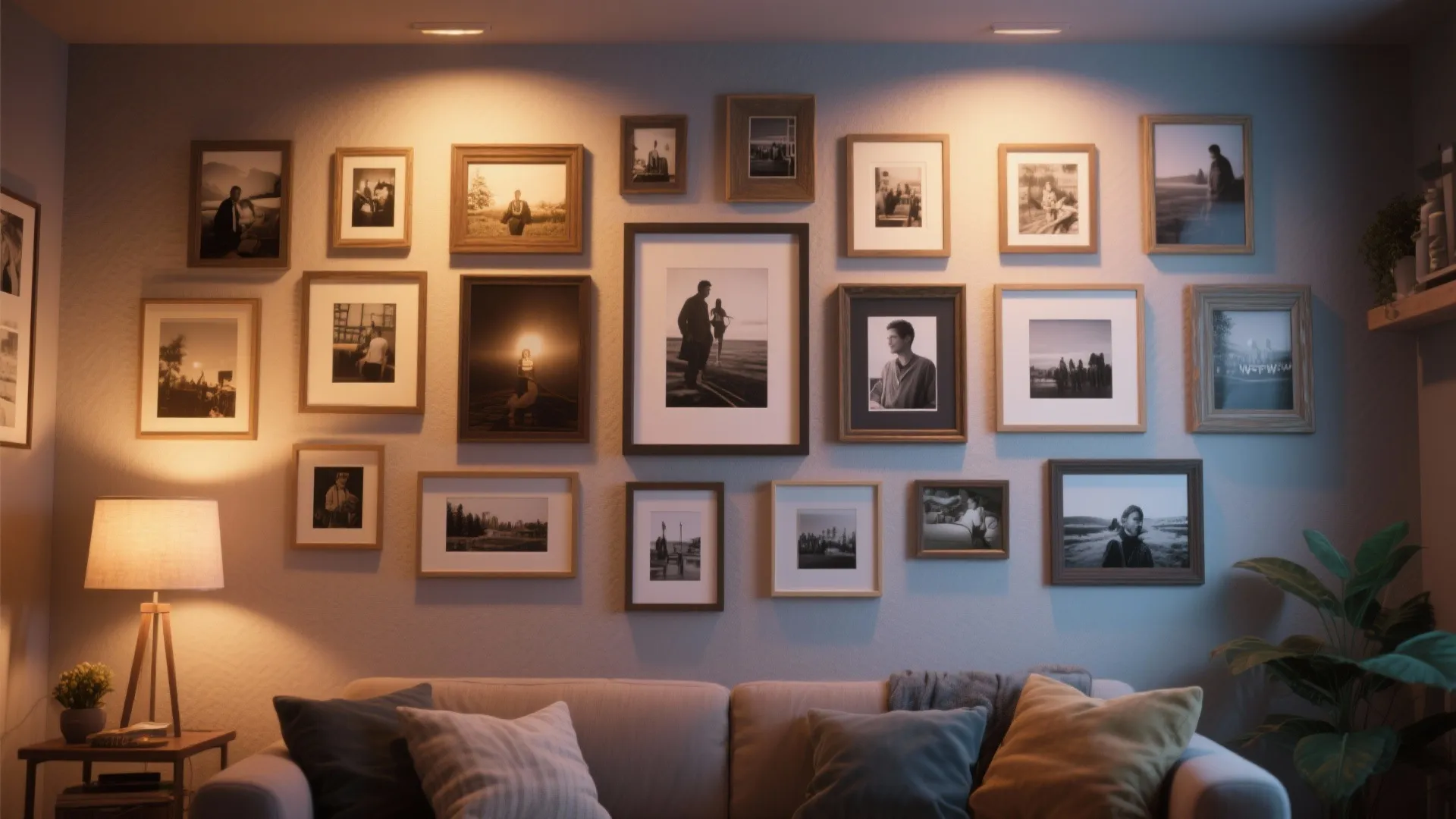 Cozy living room featuring gallery wall with wooden frames, soft sofa pillows, and warm light