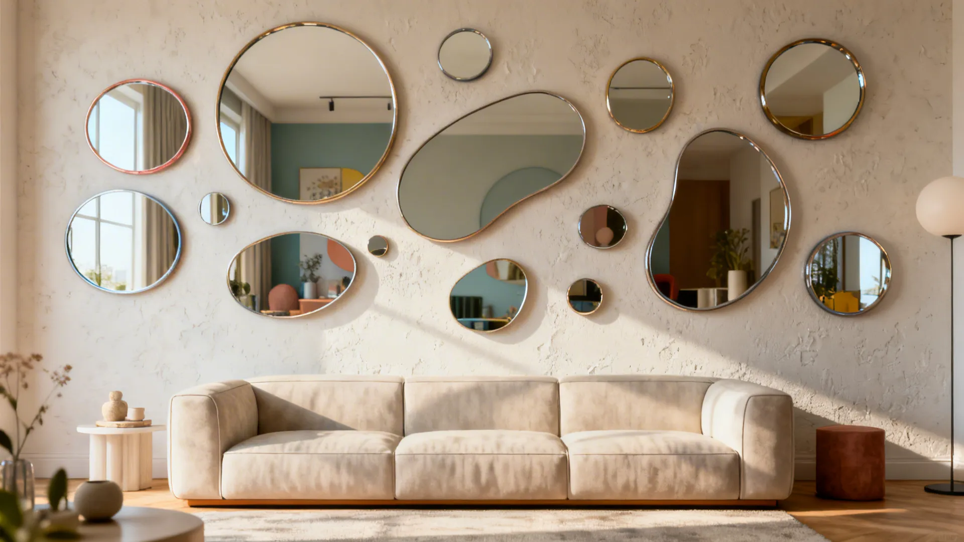 Asymmetrical cluster of mixed-shape mirrors on a narrow living room wall creating a curated focal point.