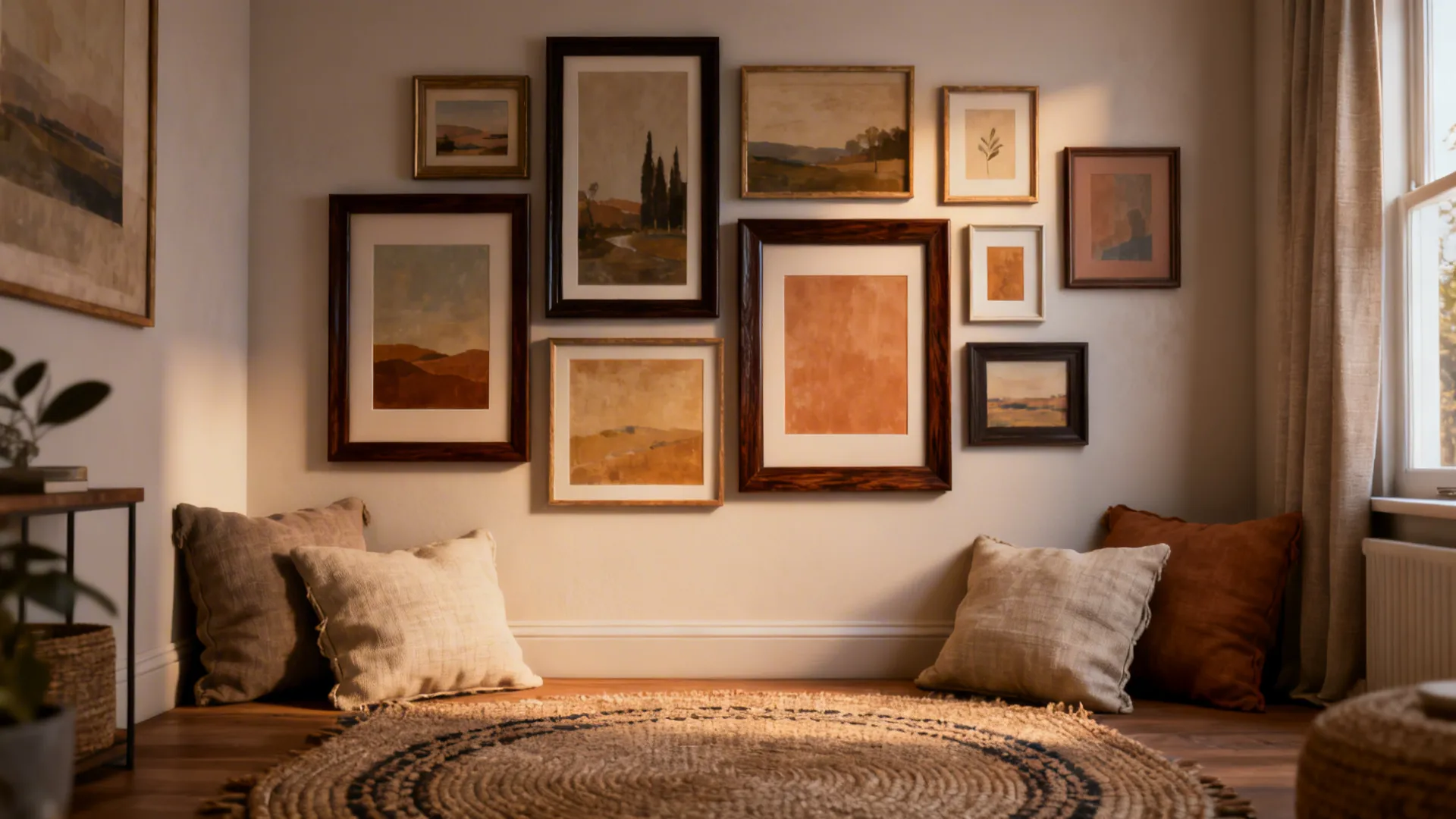 Asymmetrical cluster of varied frame sizes unified by a shared color palette and dark wood frames in a small living room.