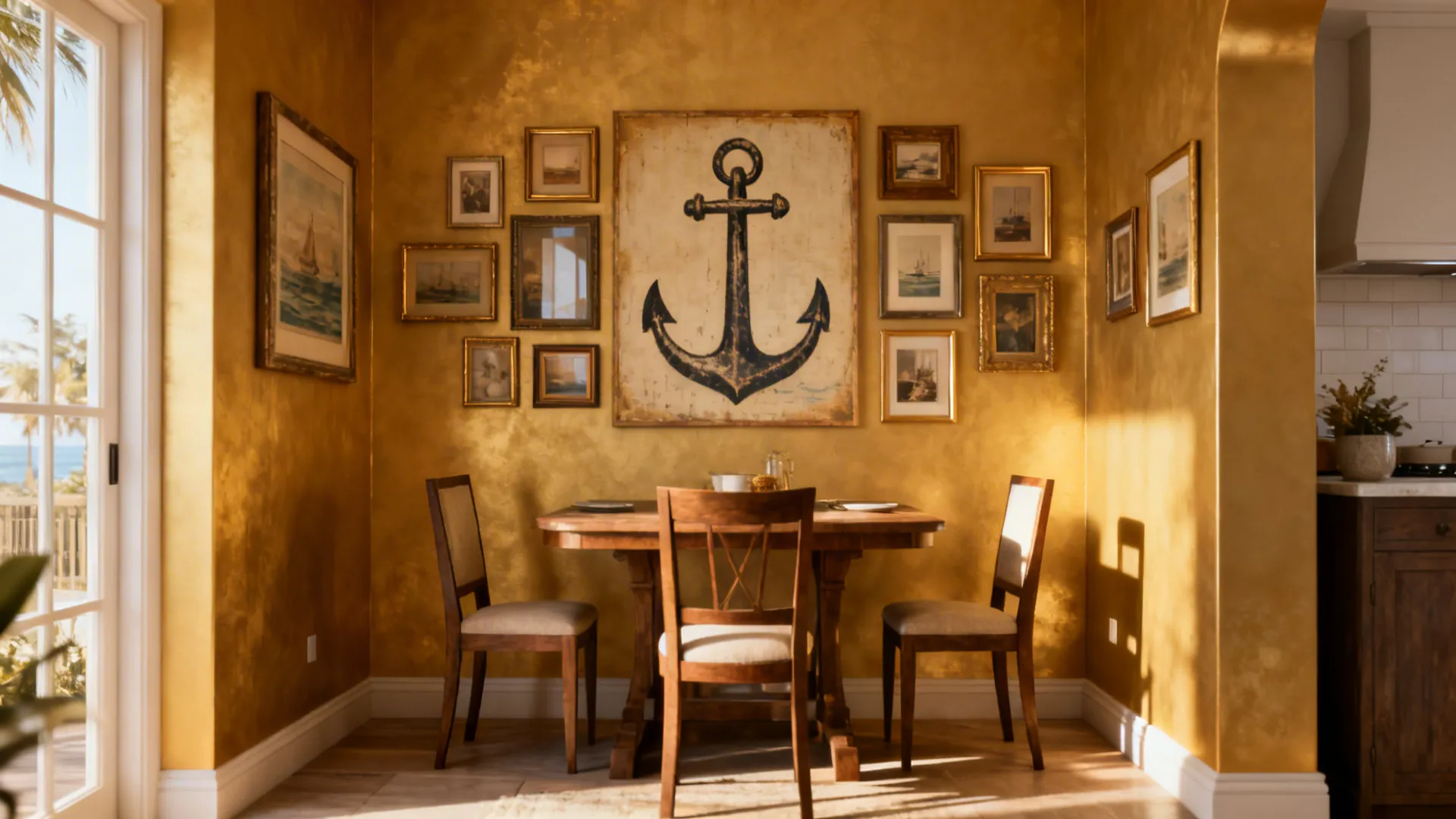 Asymmetrical cluster of photos arranged around a larger anchor piece in a small dining nook.