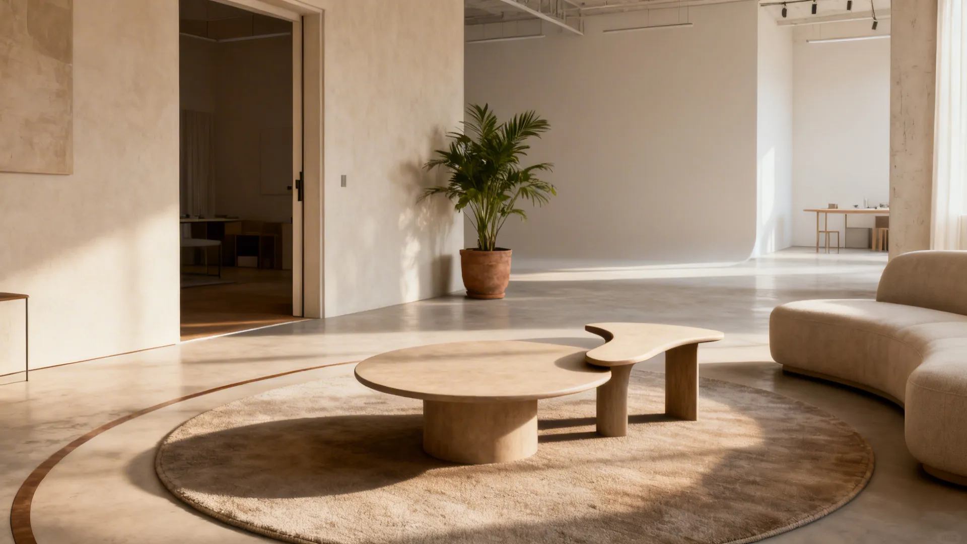 Open-plan studio with a round coffee table and crescent side table creating a clear flow path