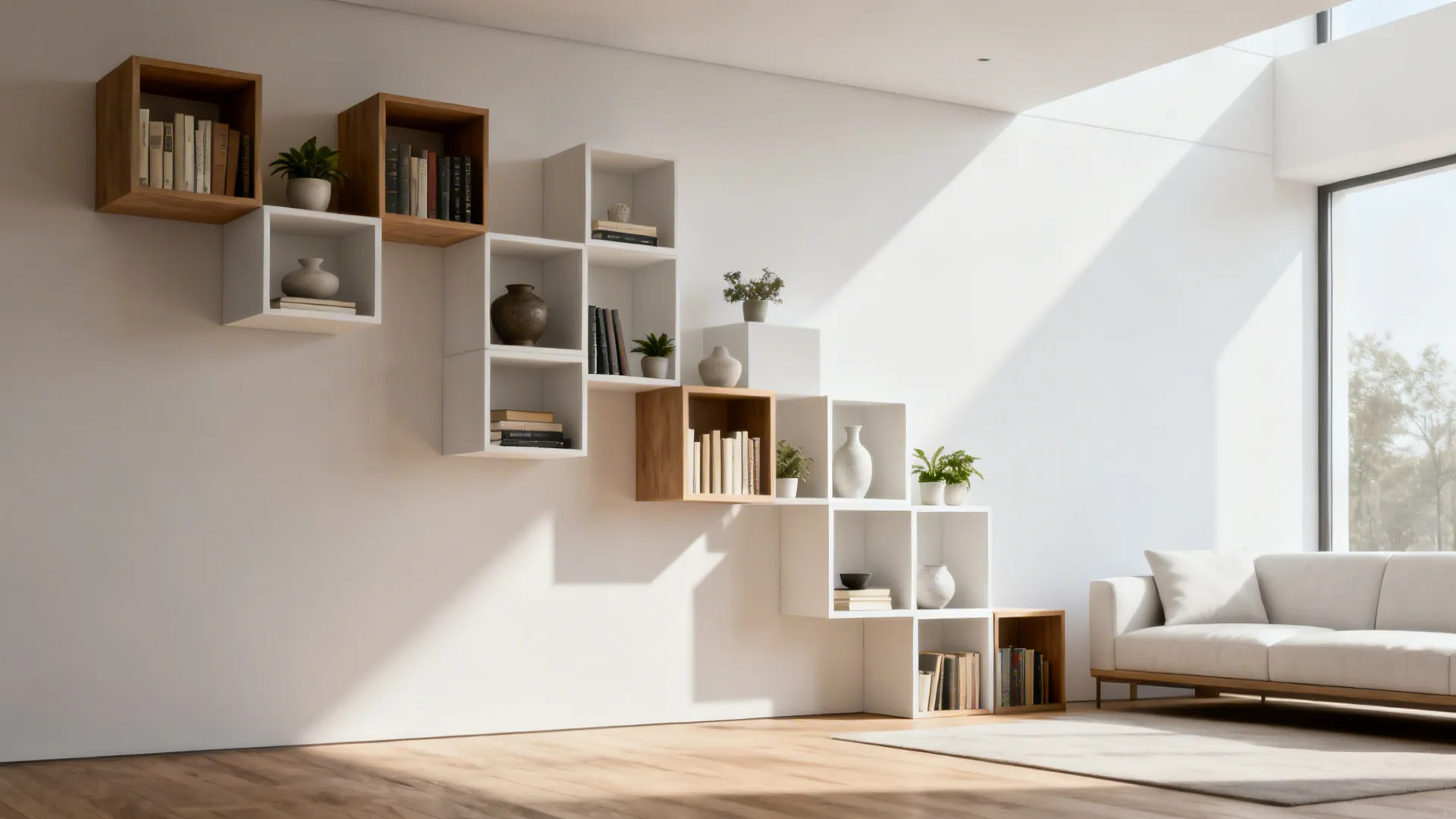 Modern white living room with decorative cube wall shelves, a comfortable sofa, and wood floors