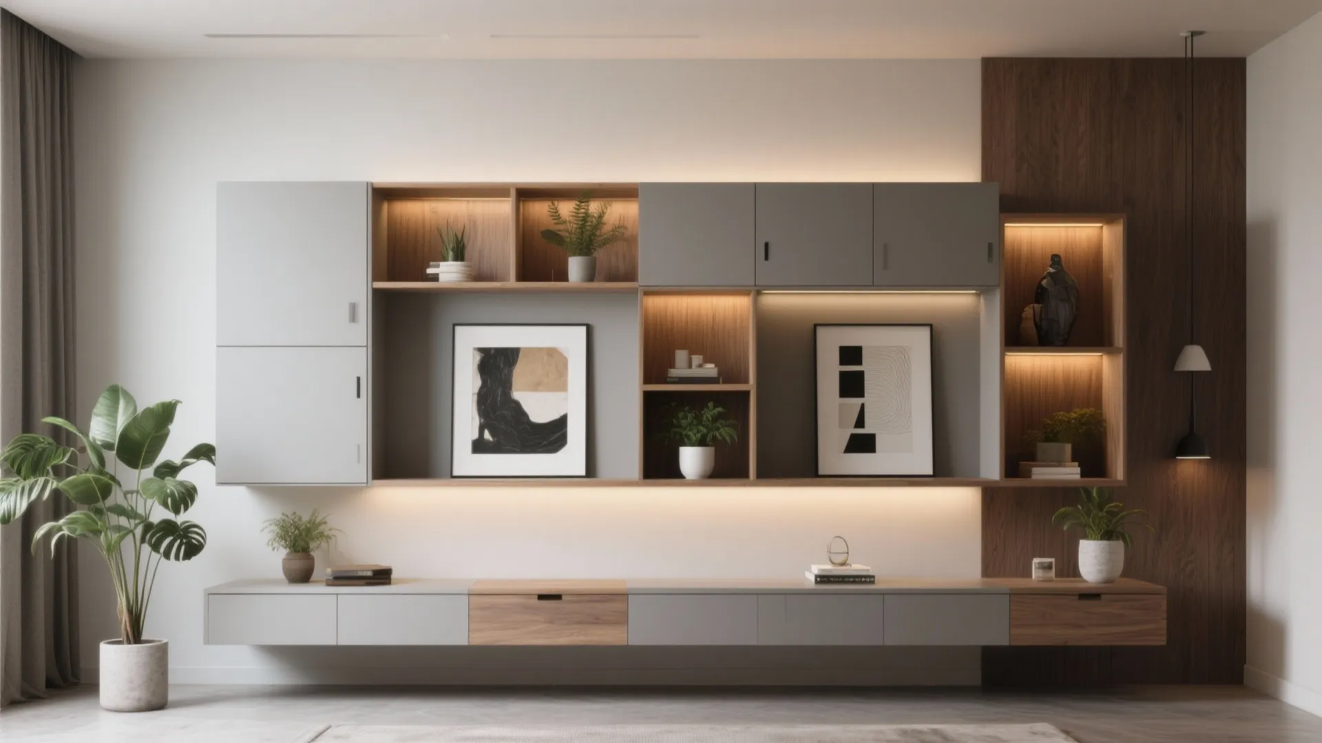 Modern wall cabinet with built-in lights, wooden shelves, grey doors, framed art, and green plants