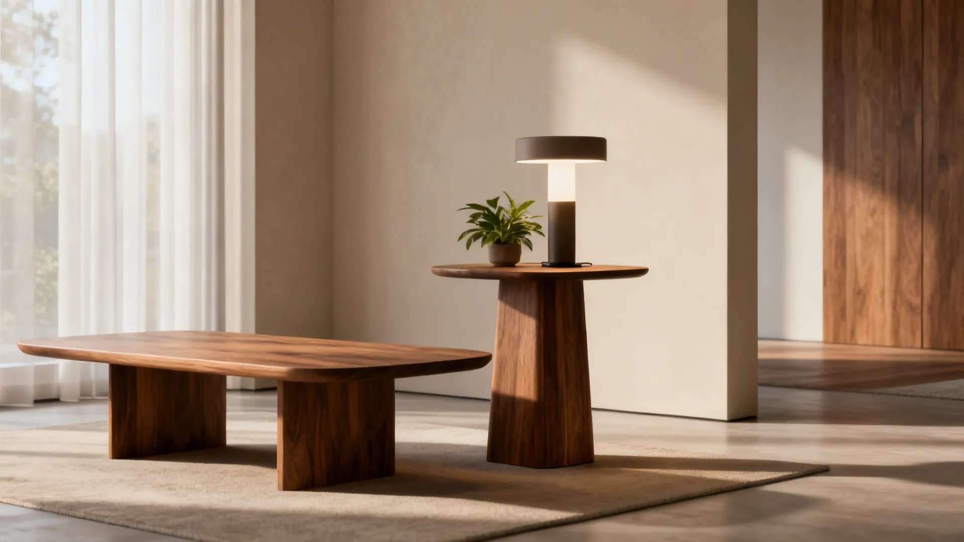 Asymmetrical pairing of a low coffee table and a taller slim end table with lamp and plant in a small living room