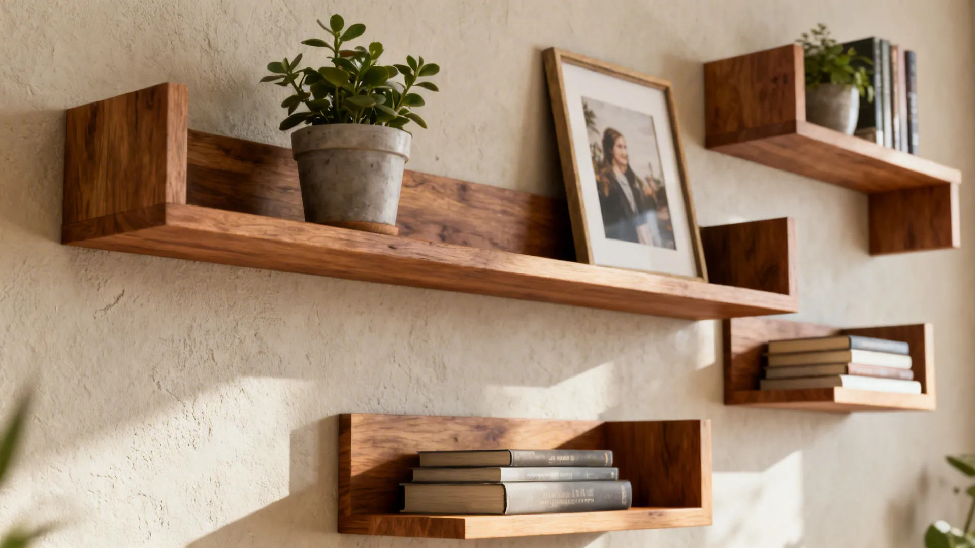 Asymmetrical floating wood shelves with plants and photos on a neutral wall.