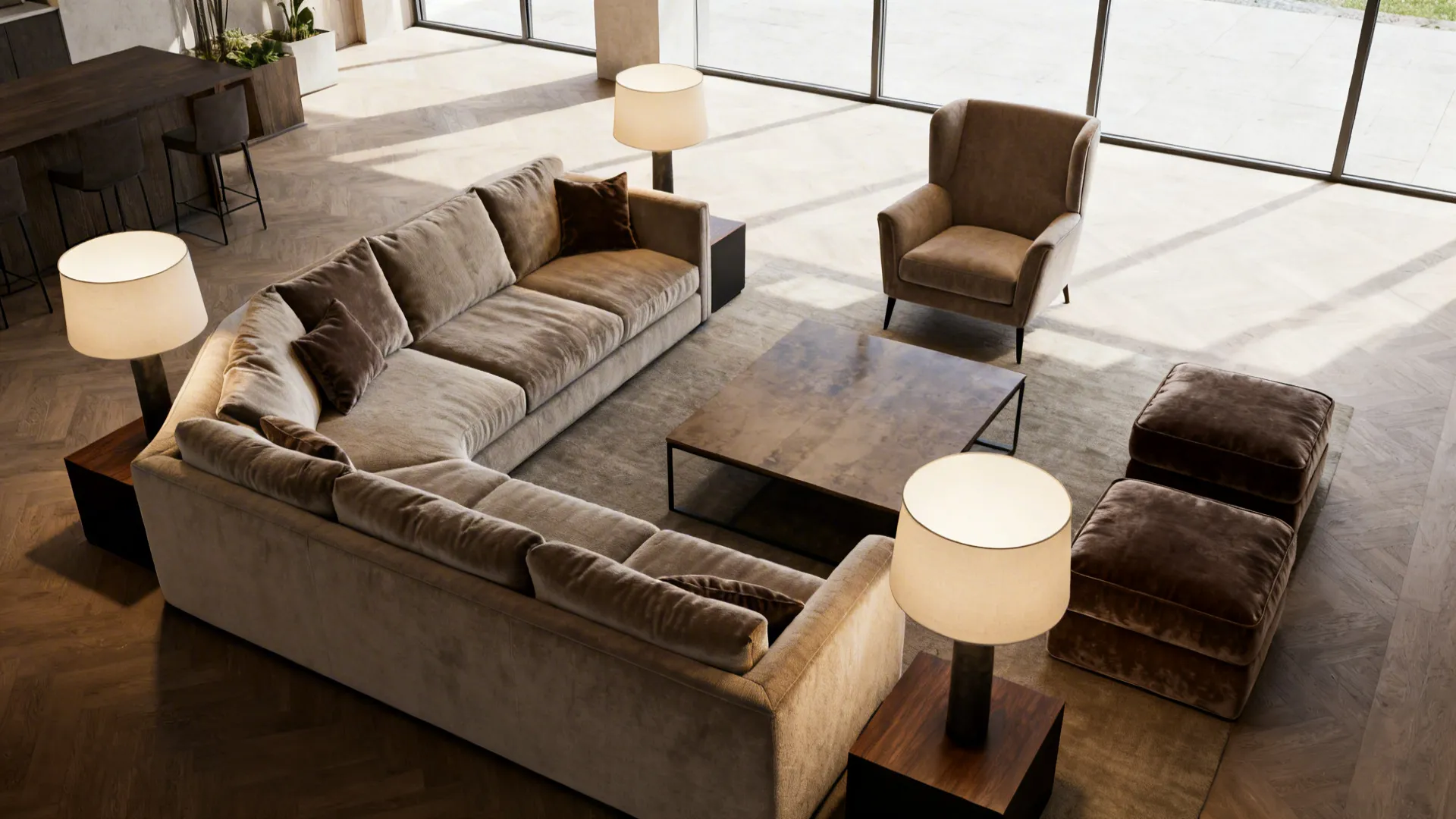 Asymmetrical seating arrangement with sectional, armchair and ottomans promoting conversation and flow.
