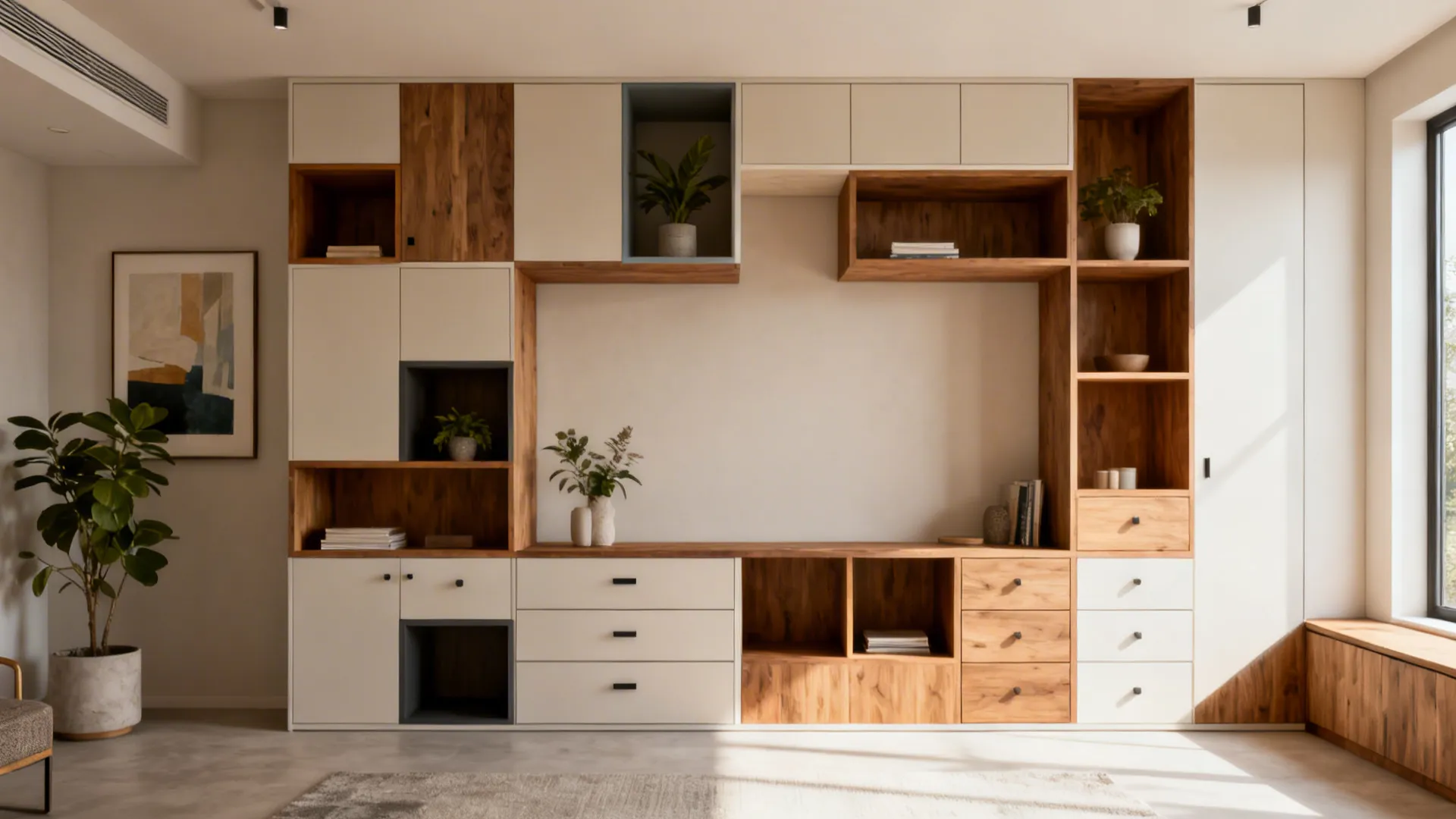 Asymmetrical modular built-ins mixing niches, drawers and open shelving in a contemporary living space