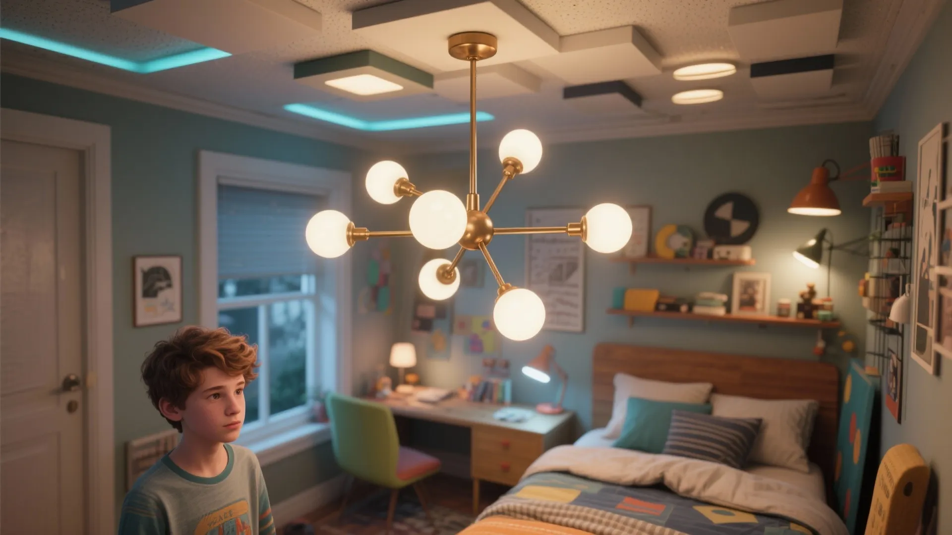 Teen bedroom with an asymmetrical multi-arm mini-chandelier creating a curated ceiling silhouette