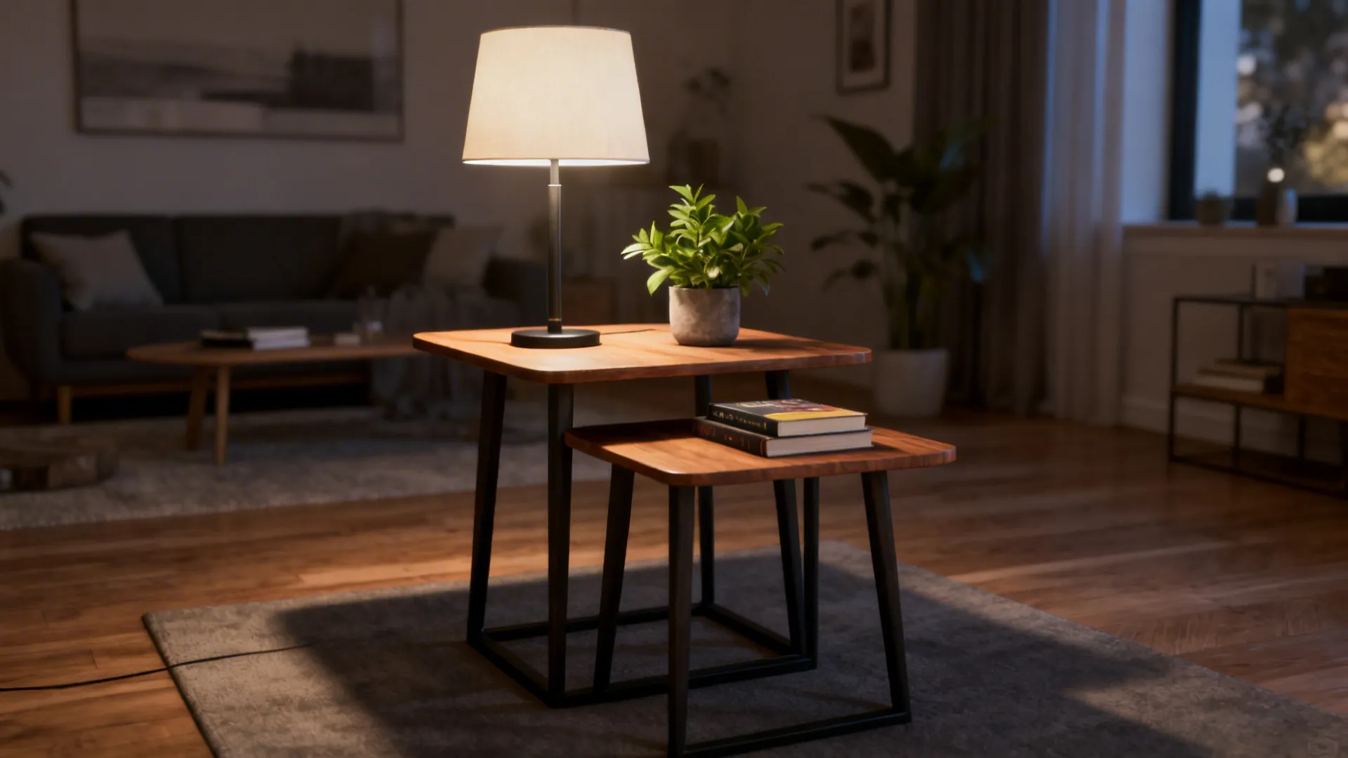 Staggered nesting tables at different heights used for lamp, plant and books in a studio layout