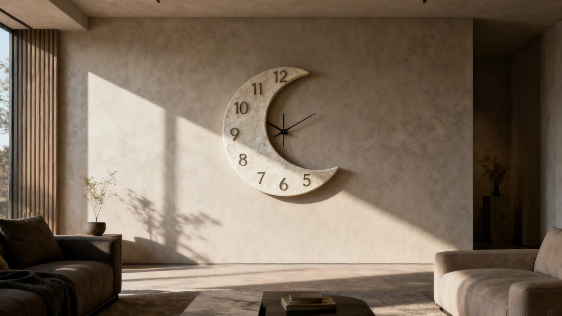 Asymmetrical sculptural wall clock with a crescent-shaped face on a plain wall