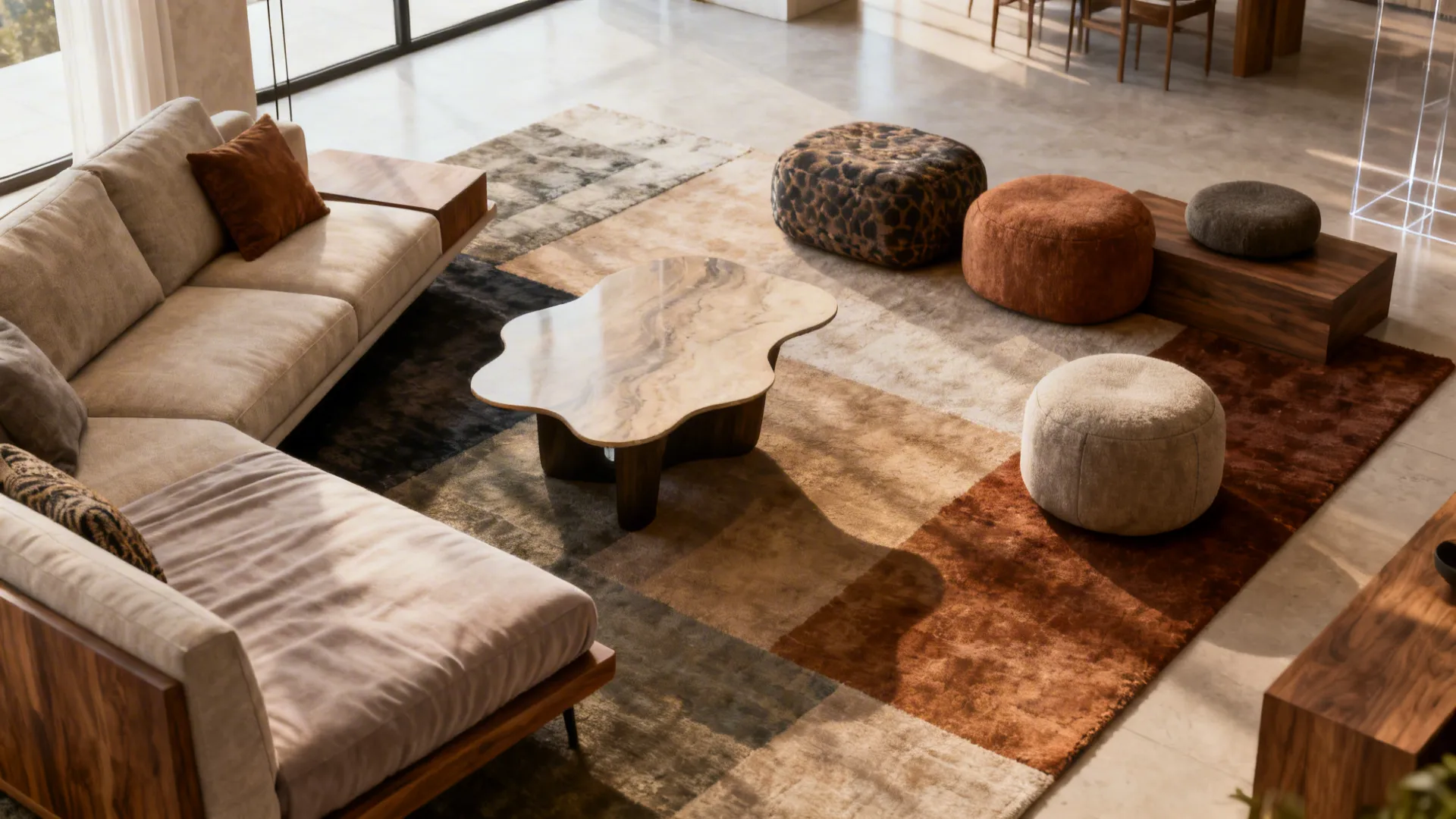 Asymmetrical seating with sofa, daybed and poufs creating layered heights in a long living room.