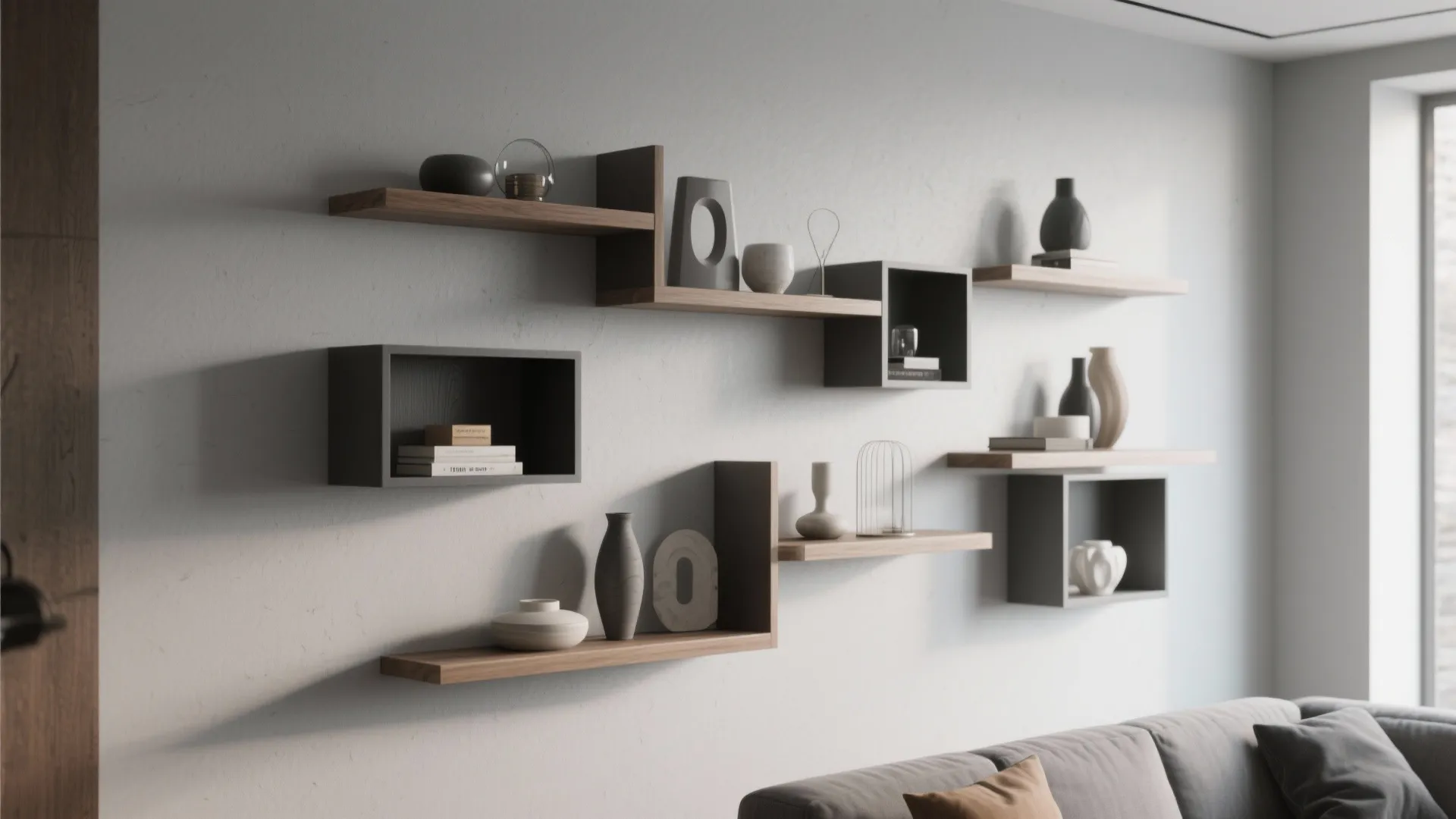 Asymmetrical shelves with modern decorative items