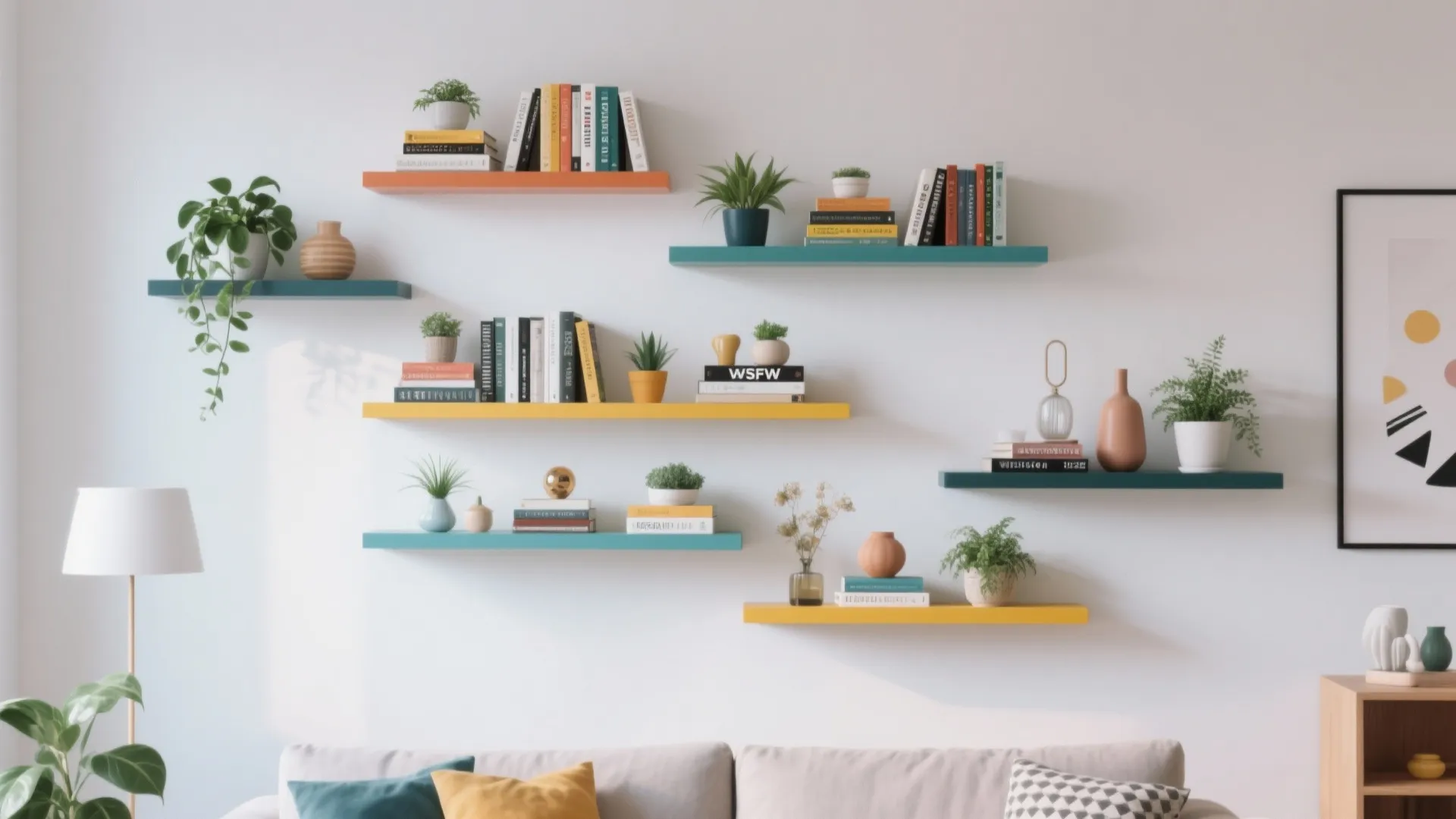 Asymmetrical floating shelves with books and decor