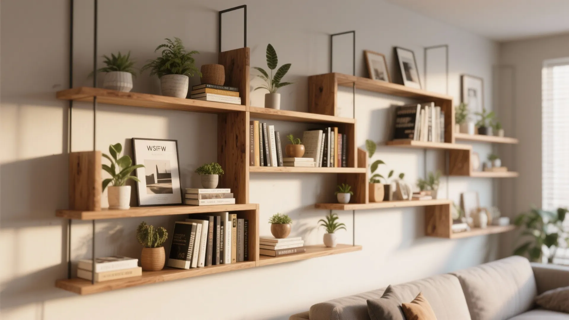 Asymmetrical wooden shelves with books and plants in a cozy living room
