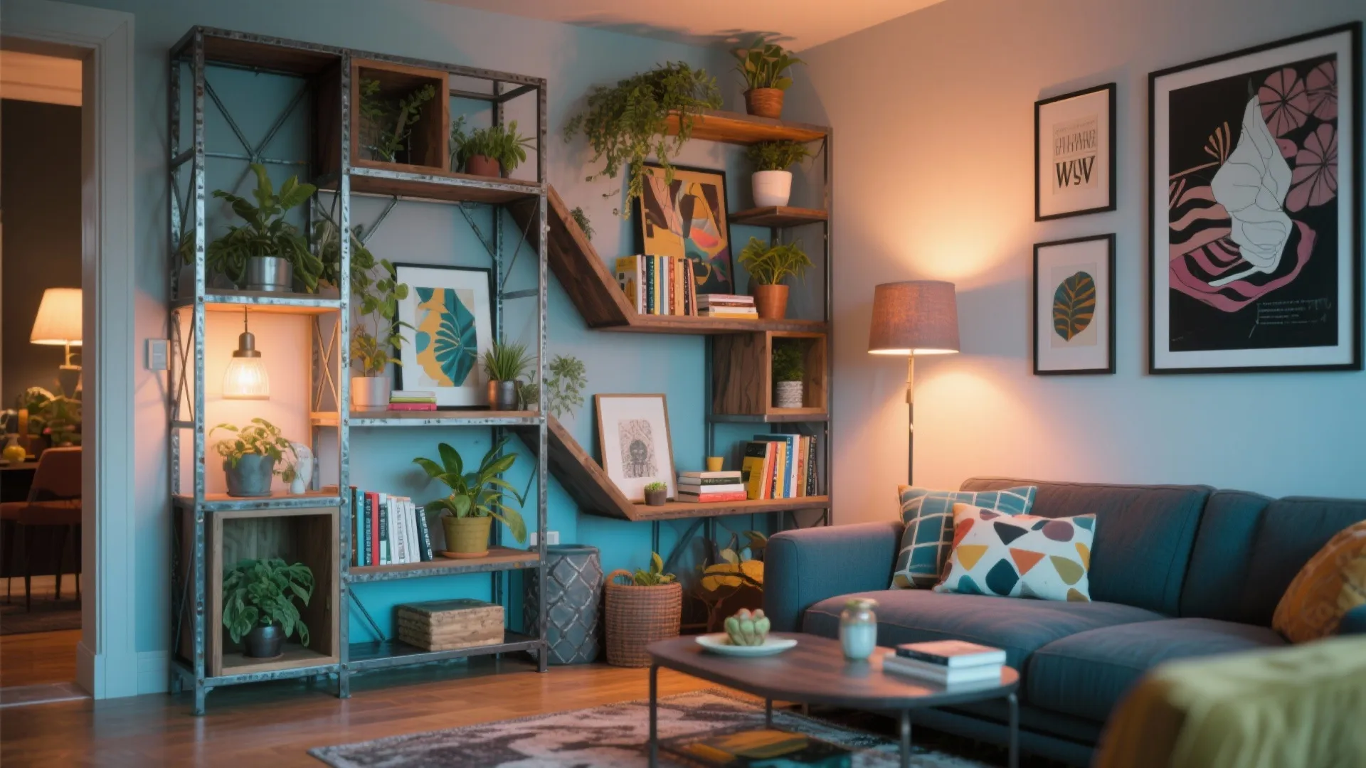 Asymmetrical metal and wood shelving unit in an eclectic living room