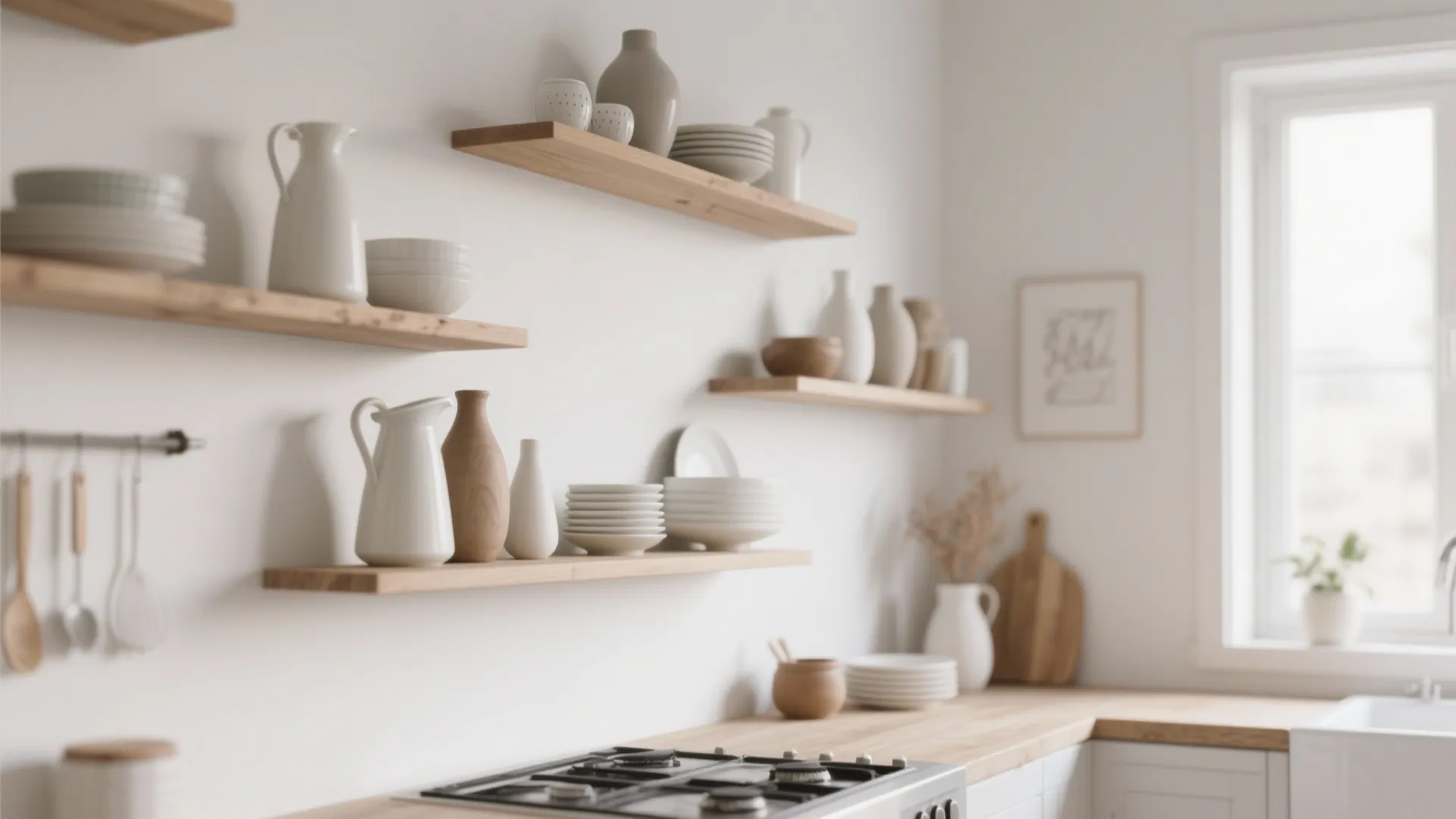 Minimalist kitchen with wooden floating wall shelves displaying white ceramic plates and various decorative jugs