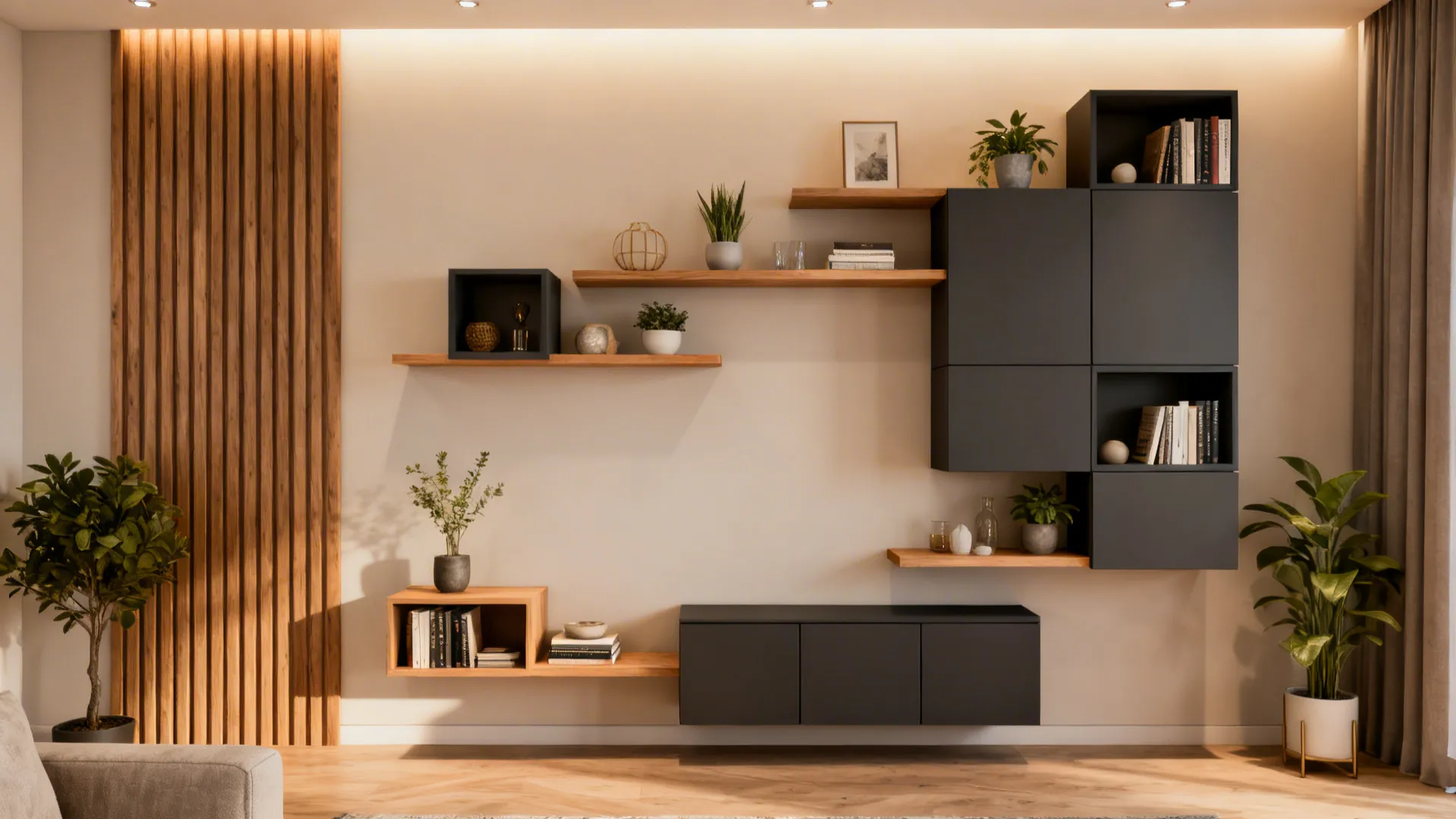 Asymmetrical floating shelves combined with closed modules creating a balanced living room display.