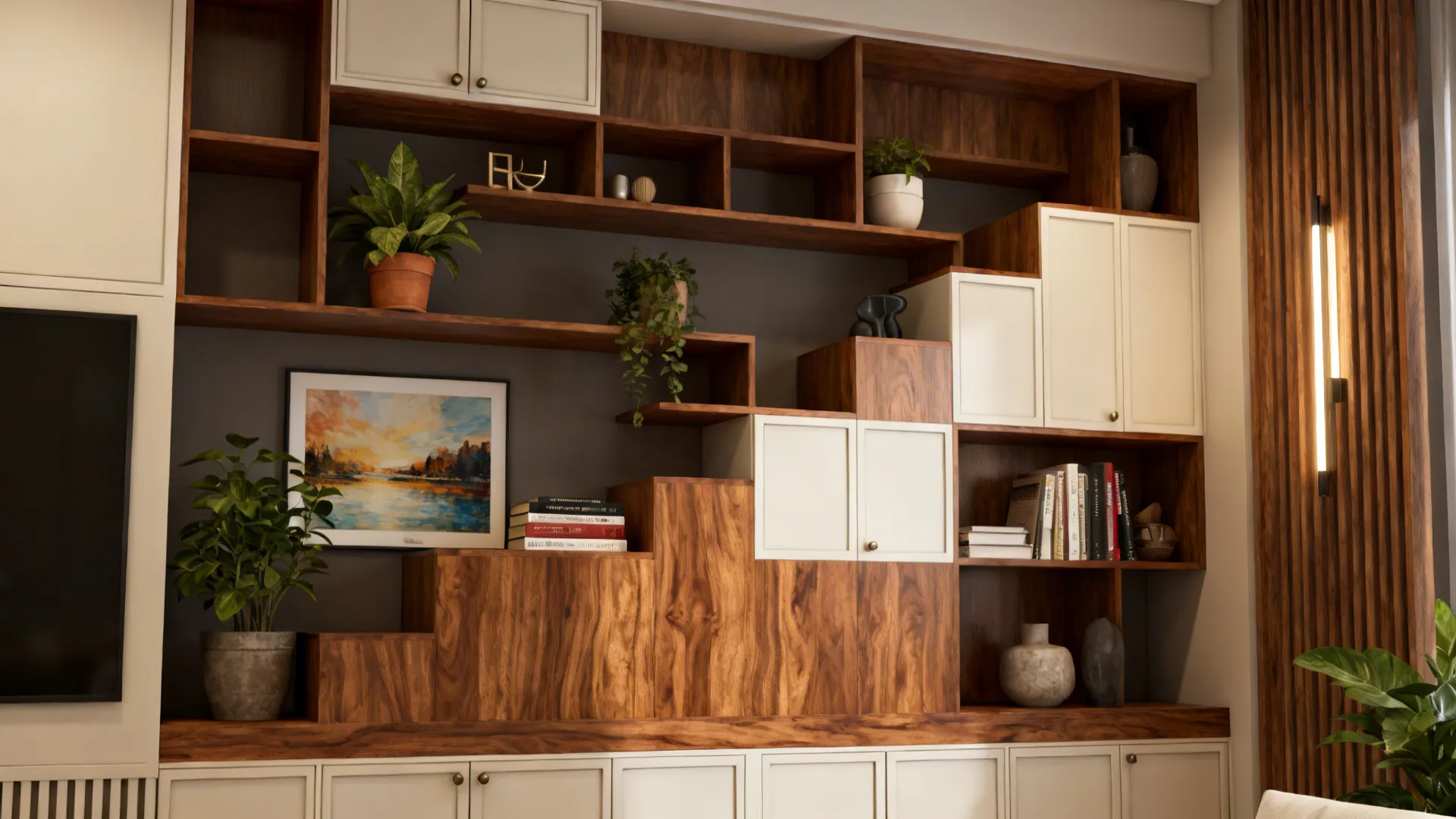 Large wooden wall shelves with plants and books next to a wall light and panel