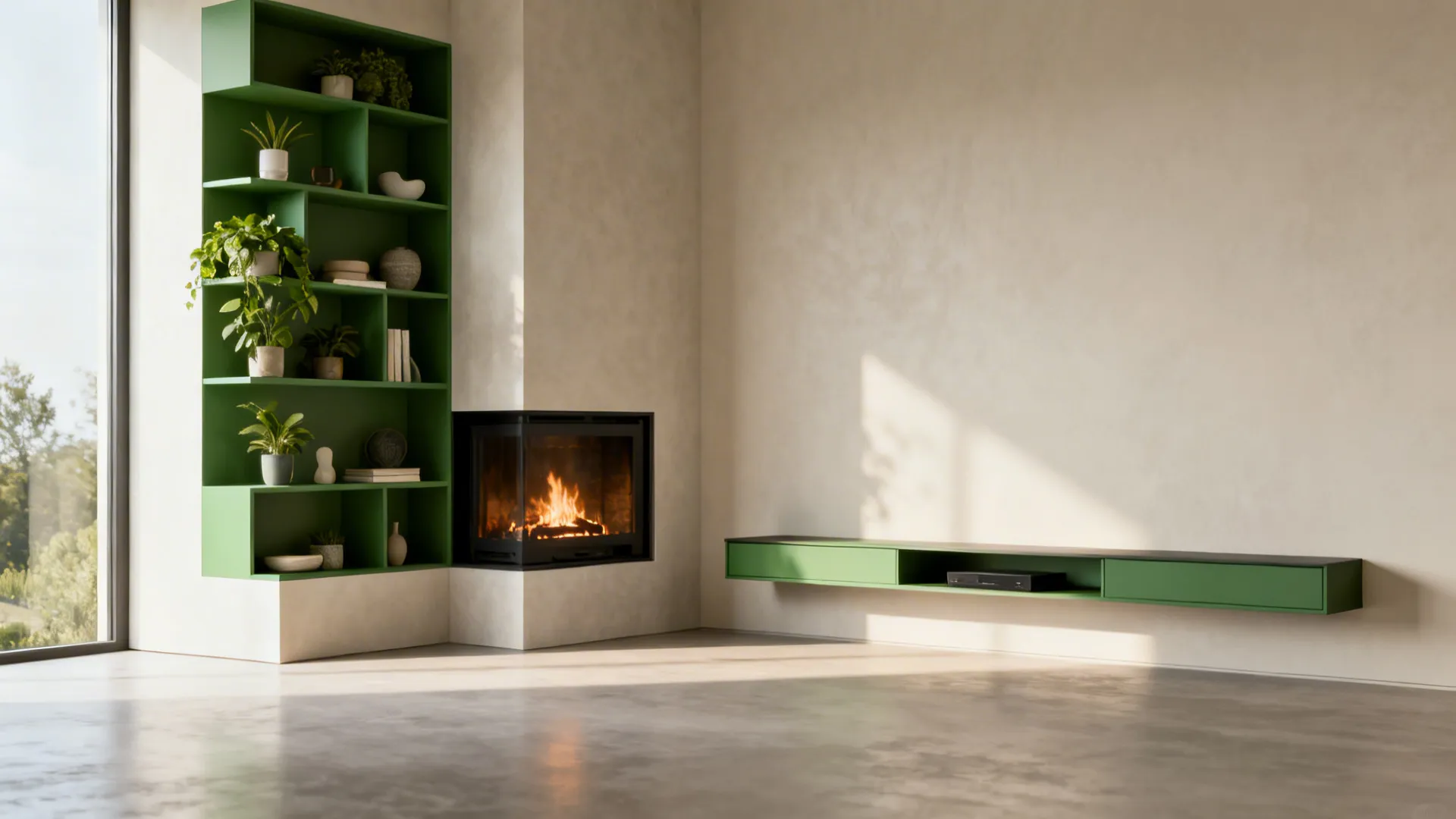 Modern living room with green wall shelves holding plants and a matching floating green cabinet
